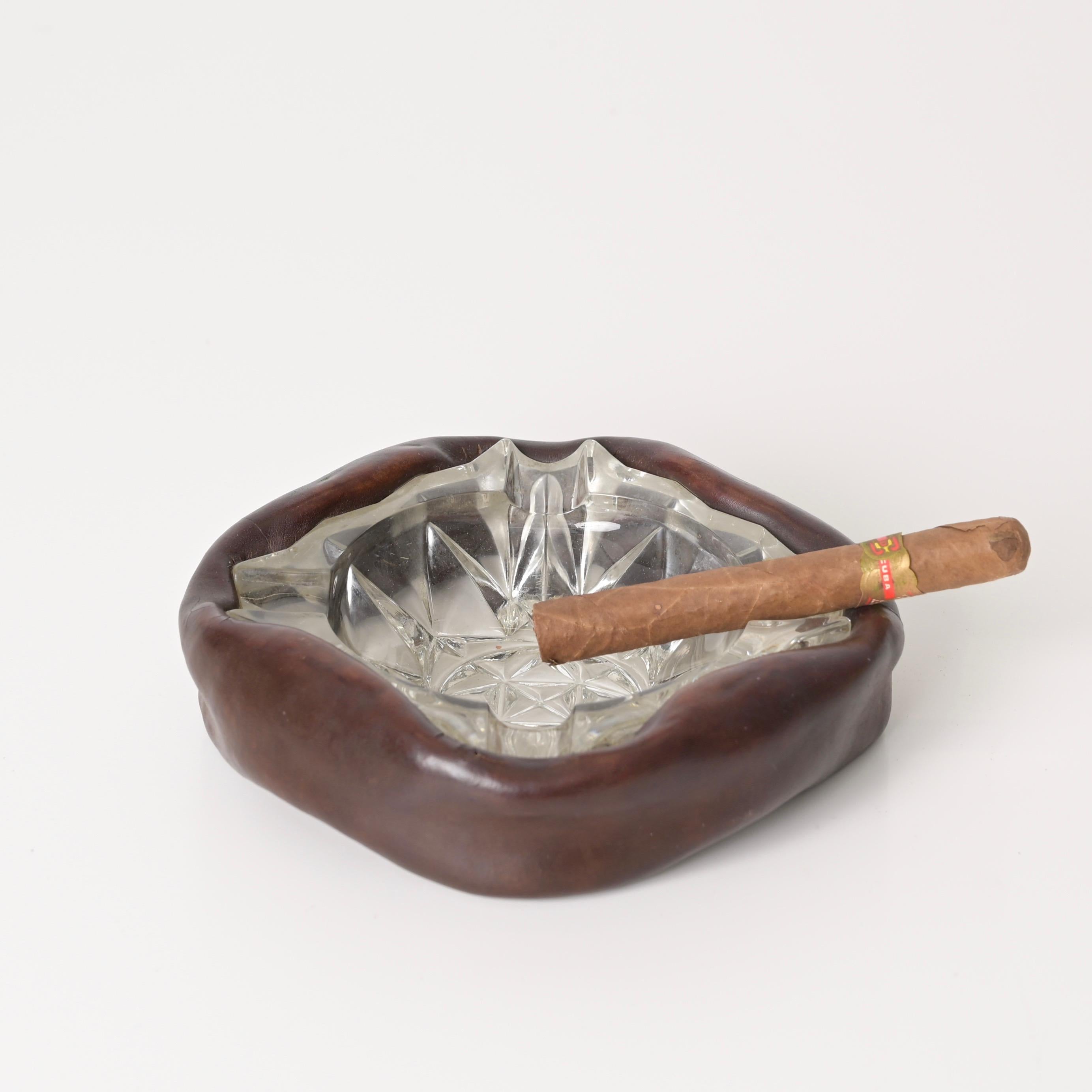 Jacques Adnet Bent Leather and Cut Crystal French Ashtray, 1960s For Sale 6
