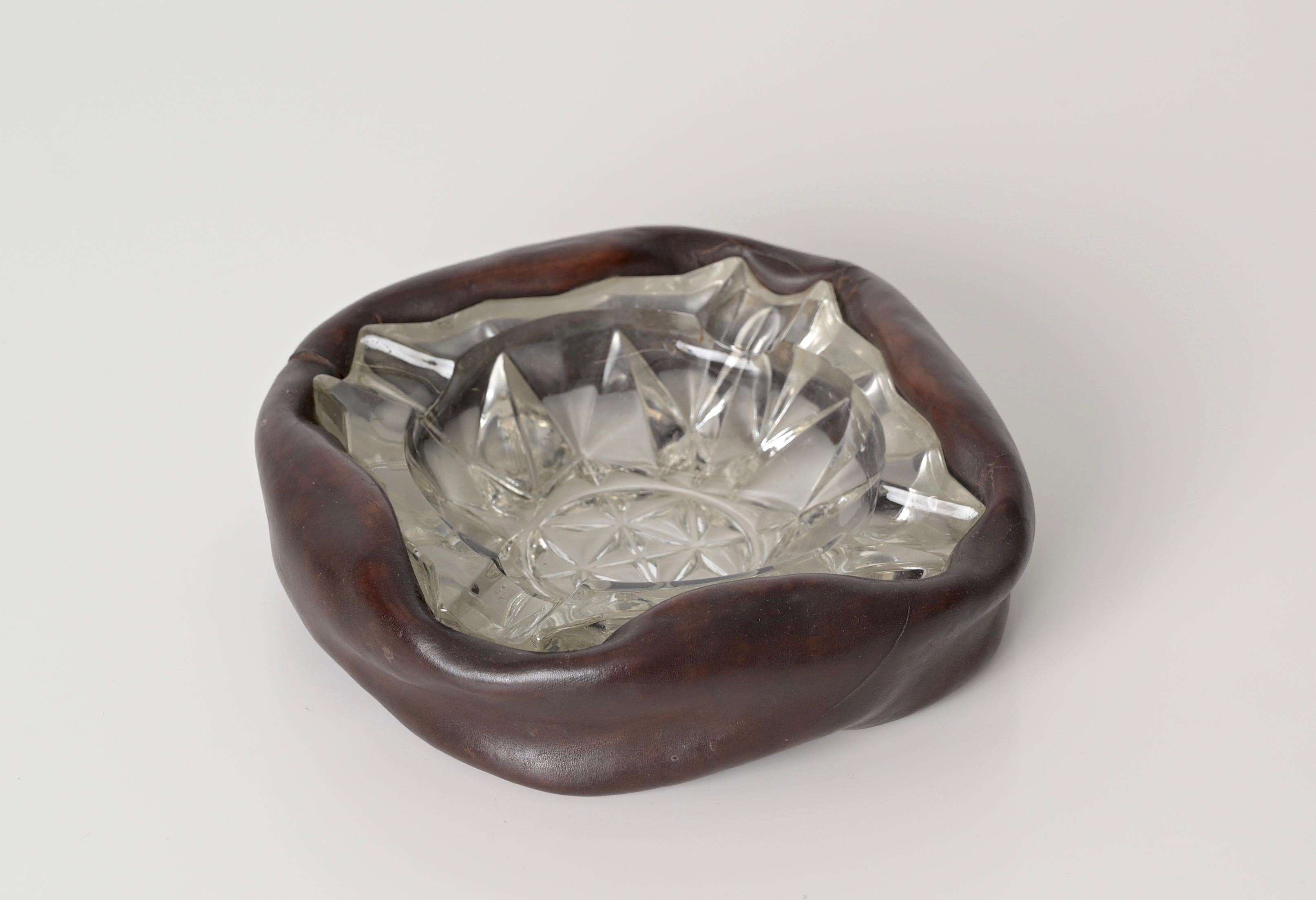 Hand-Crafted Jacques Adnet Bent Leather and Cut Crystal French Ashtray, 1960s For Sale