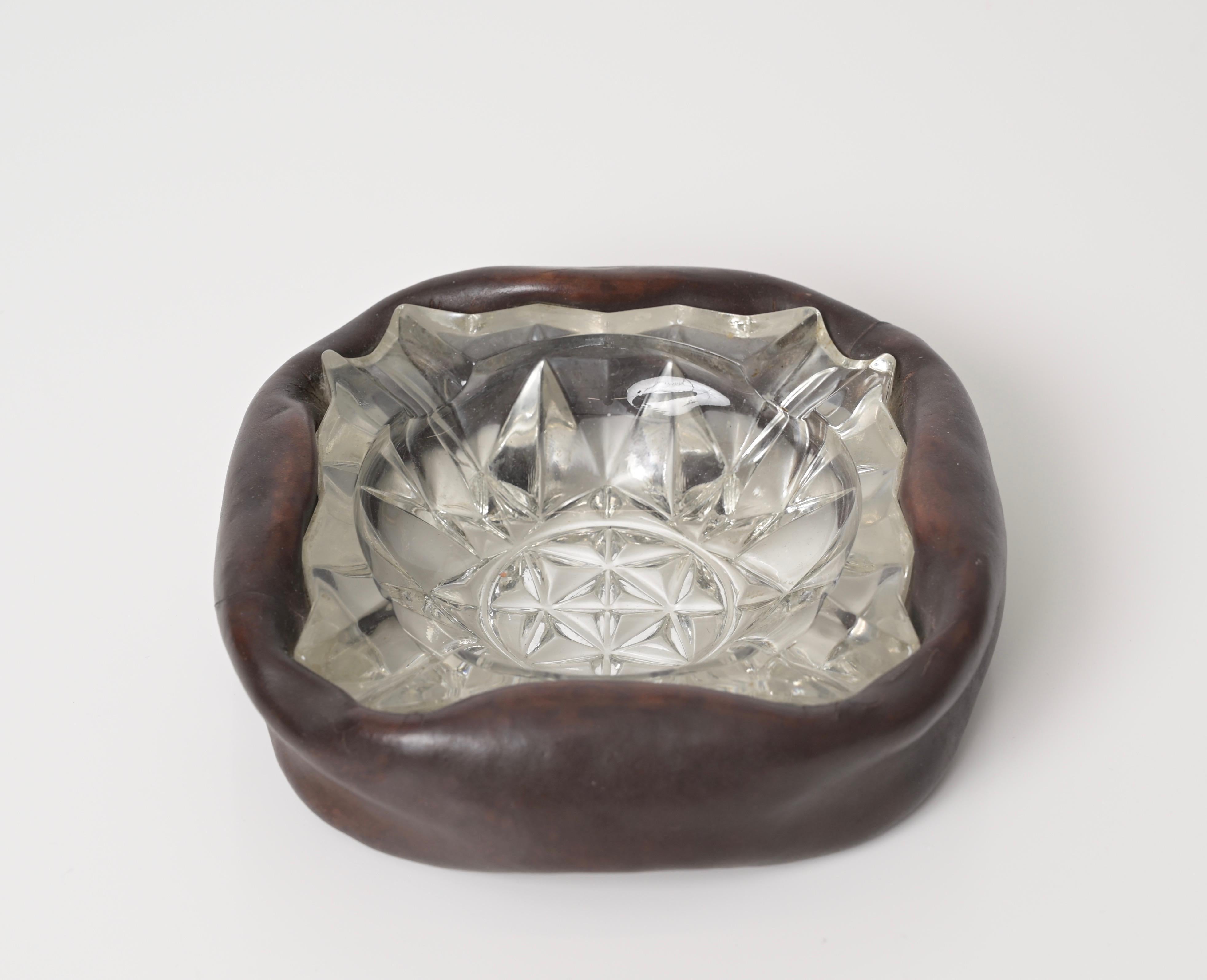 20th Century Jacques Adnet Bent Leather and Cut Crystal French Ashtray, 1960s For Sale