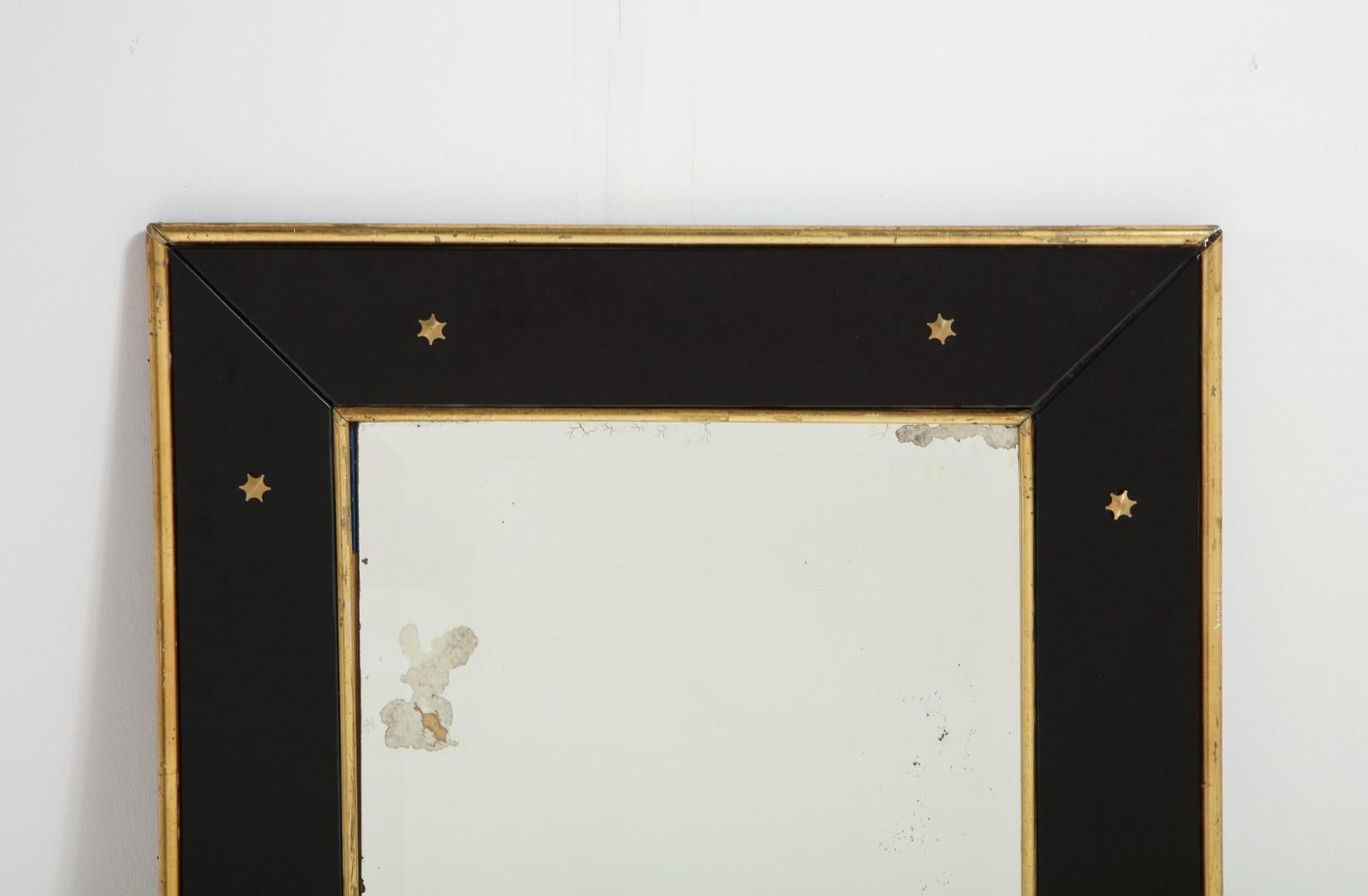 Jacques Adnet Black Glass and Gold Leaf Wall Mirror with Star Detail, circa 1940 4