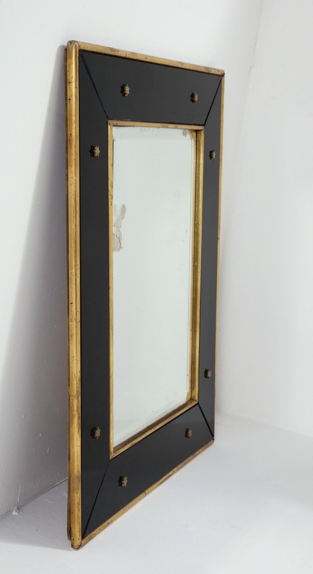 Jacques Adnet Black Glass and Gold Leaf Wall Mirror with Star Detail, circa 1940 2