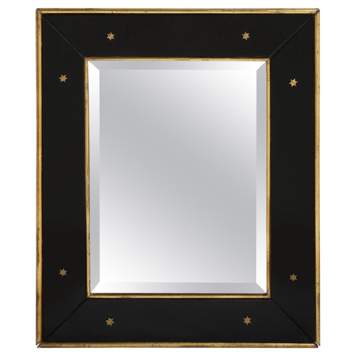 Jacques Adnet Black Glass and Gold Leaf Wall Mirror with Star Detail, circa 1940