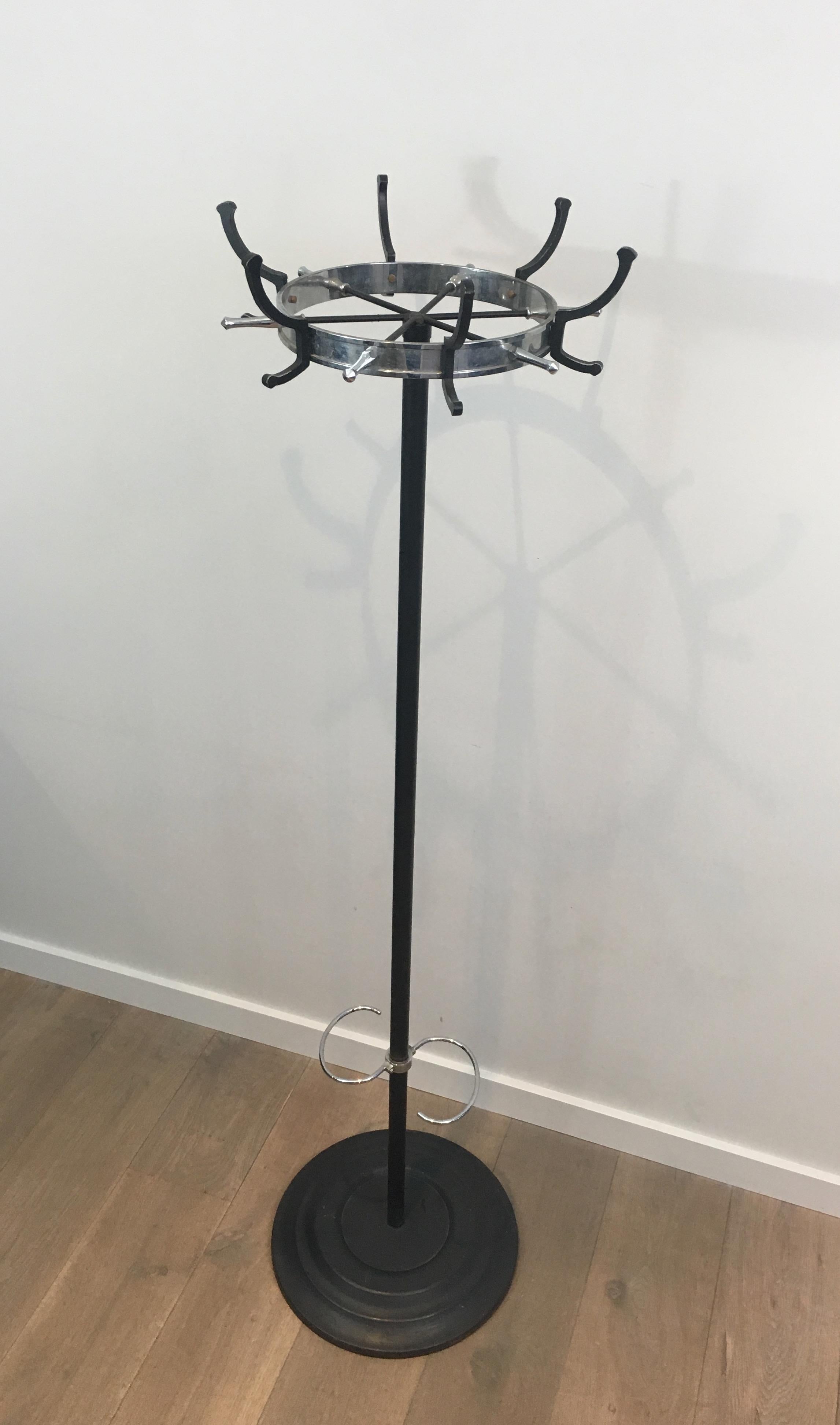 Mid-Century Modern Jacques Adnet, Black Lacquered and Chrome Standing Coat Rack, French, circa 1950
