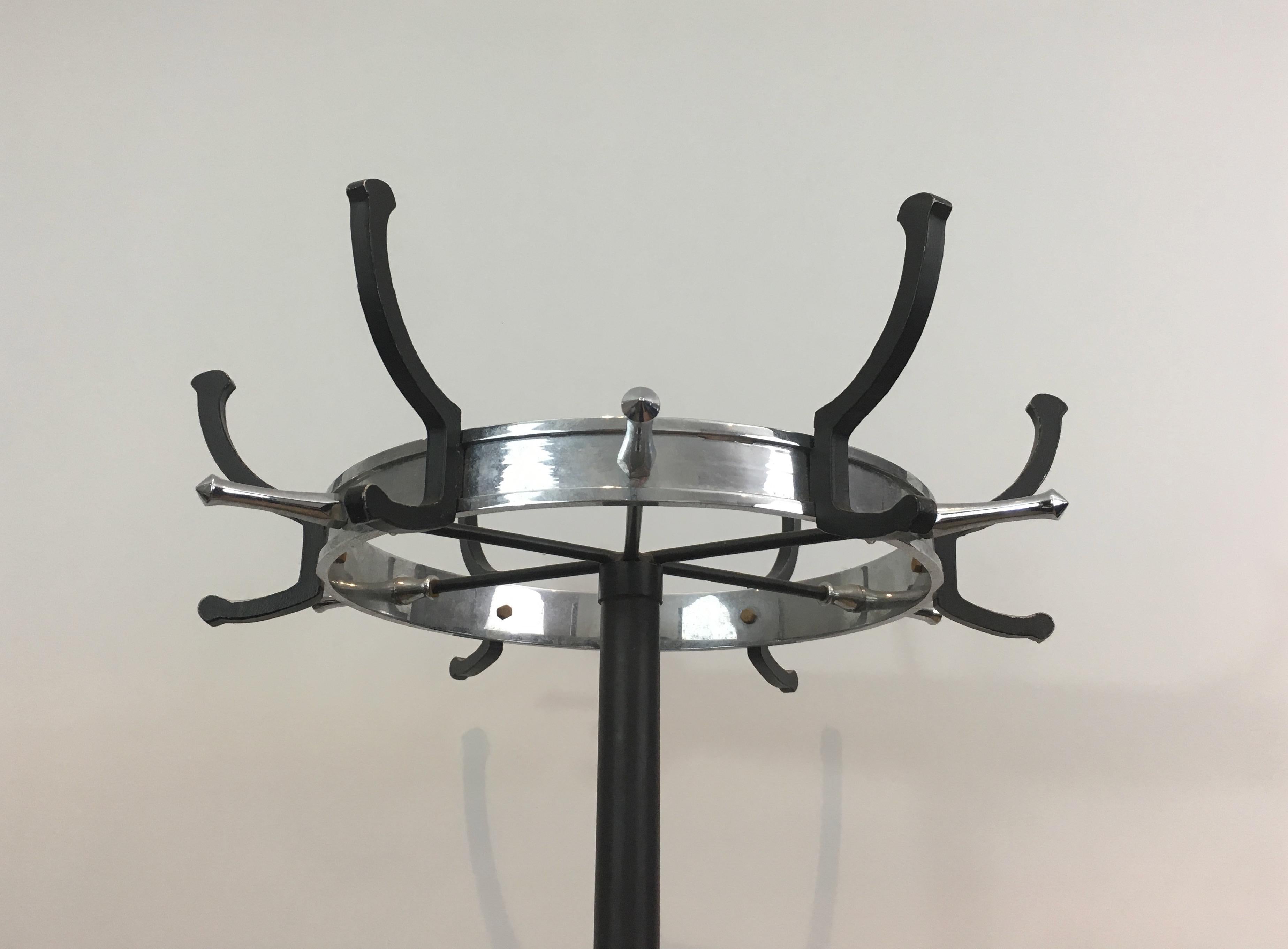 Mid-20th Century Jacques Adnet, Black Lacquered and Chrome Standing Coat Rack, French, circa 1950