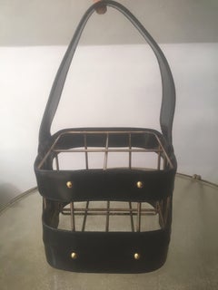 Jacques Adnet Black Leather and Brass Bottle Holder, French, 1950