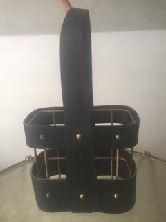 Jacques Adnet Black Leather and Brass Bottle Holder, French, 1950s