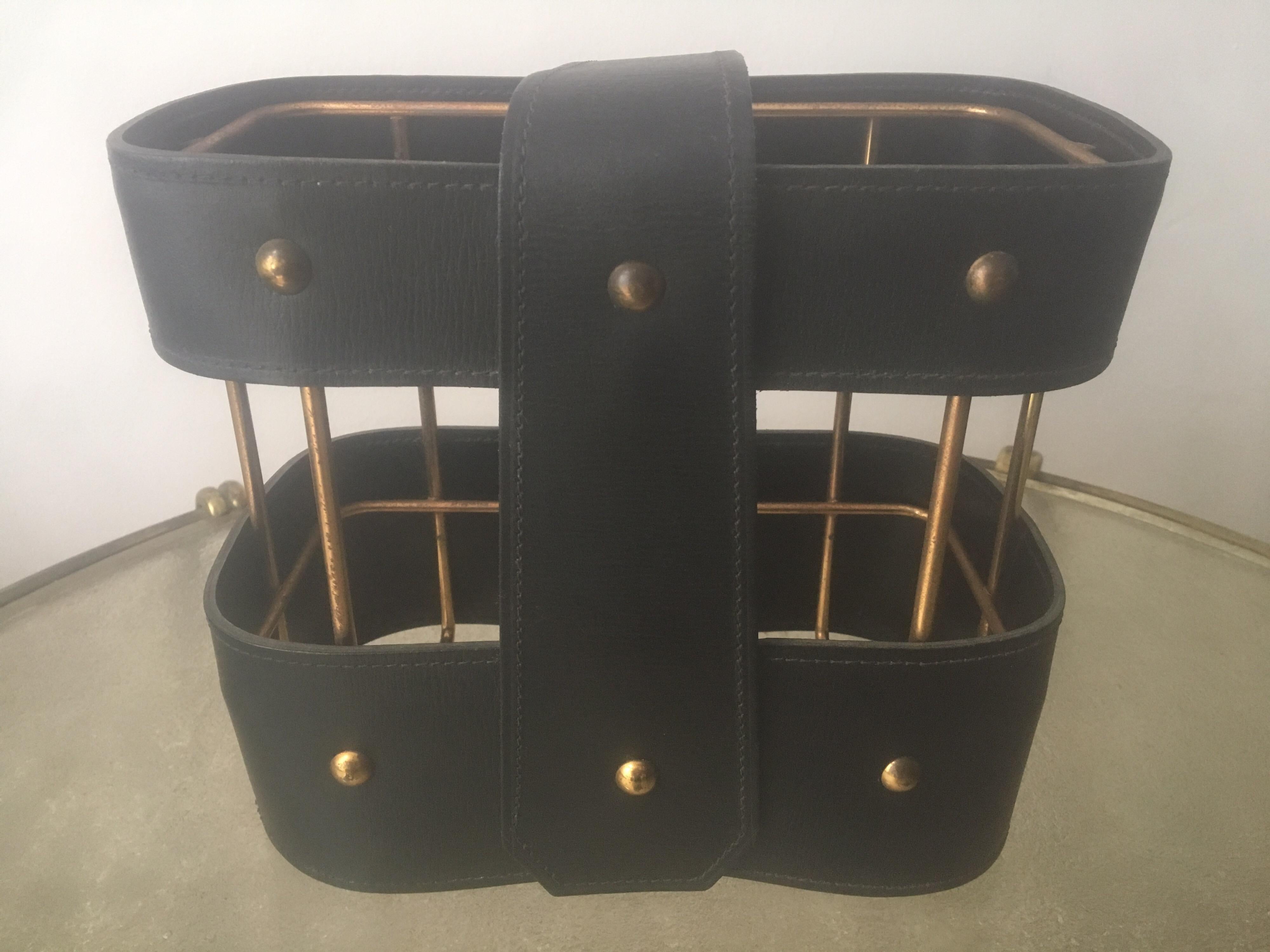 Mid-Century Modern Jacques Adnet Black Leather and Brass Bottle Holder, French, 1950s For Sale