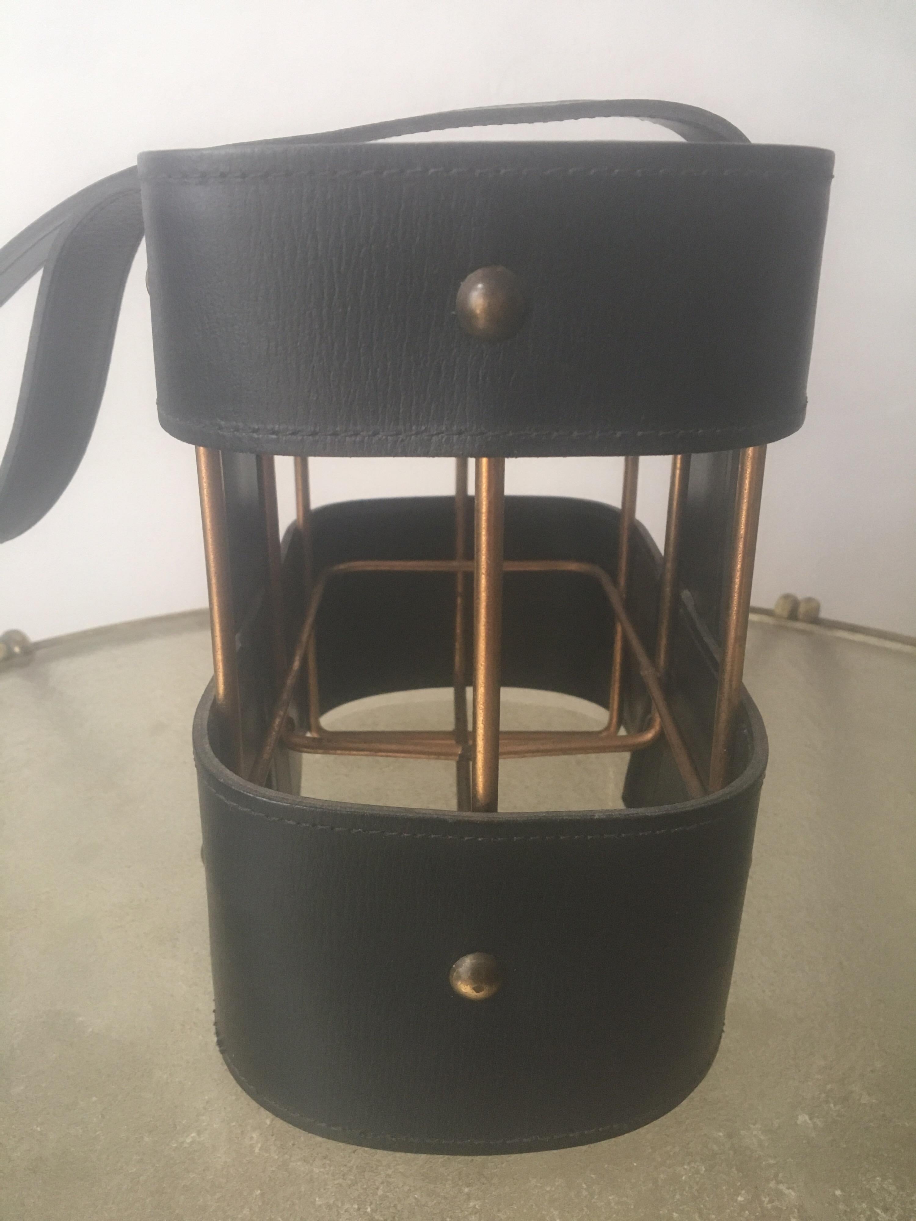 Jacques Adnet Black Leather and Brass Bottle Holder, French, 1950s For Sale 1