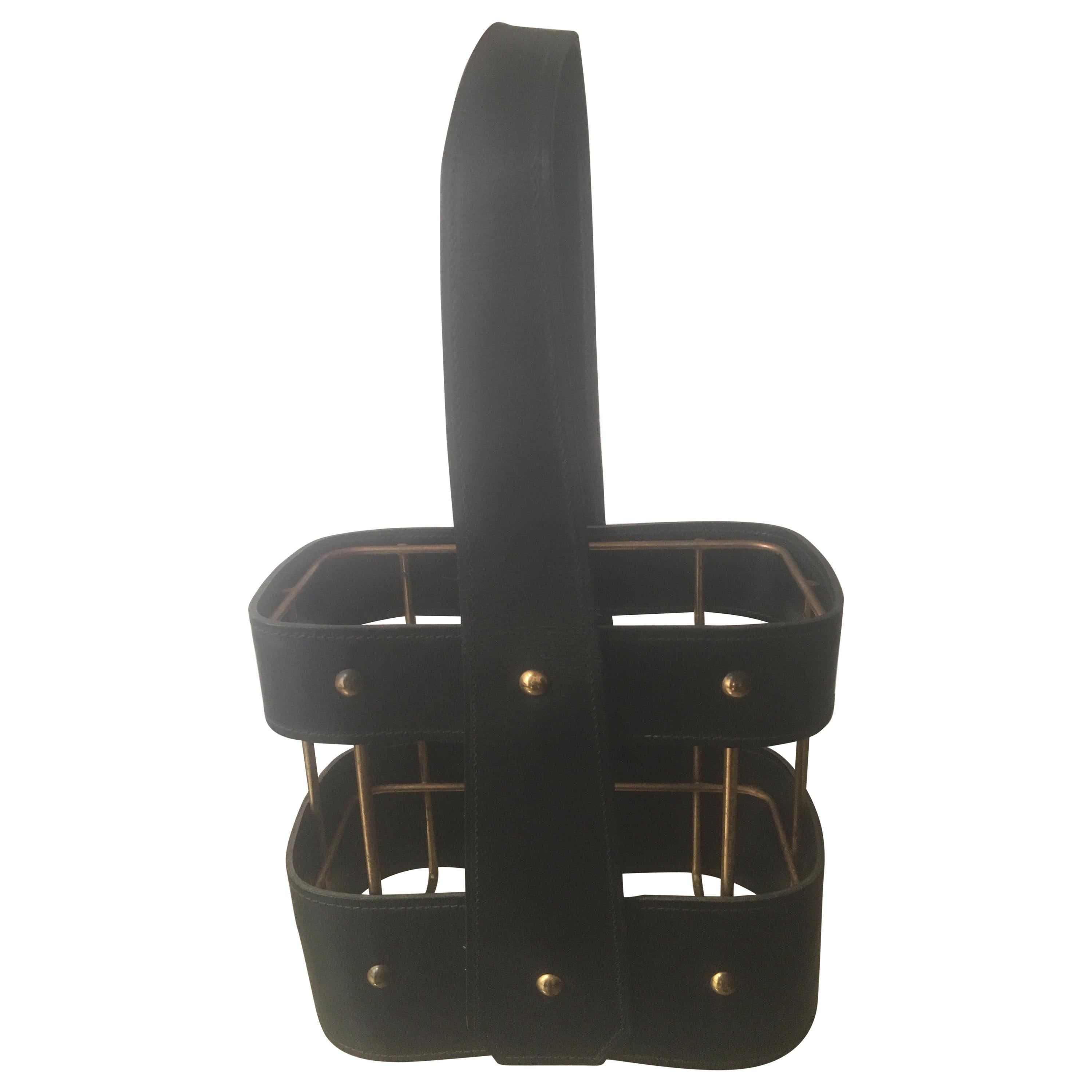 Jacques Adnet Black Leather and Brass Bottle Holder, French, 1950s For Sale