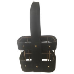 Vintage Jacques Adnet Black Leather and Brass Bottle Holder, French, 1950s