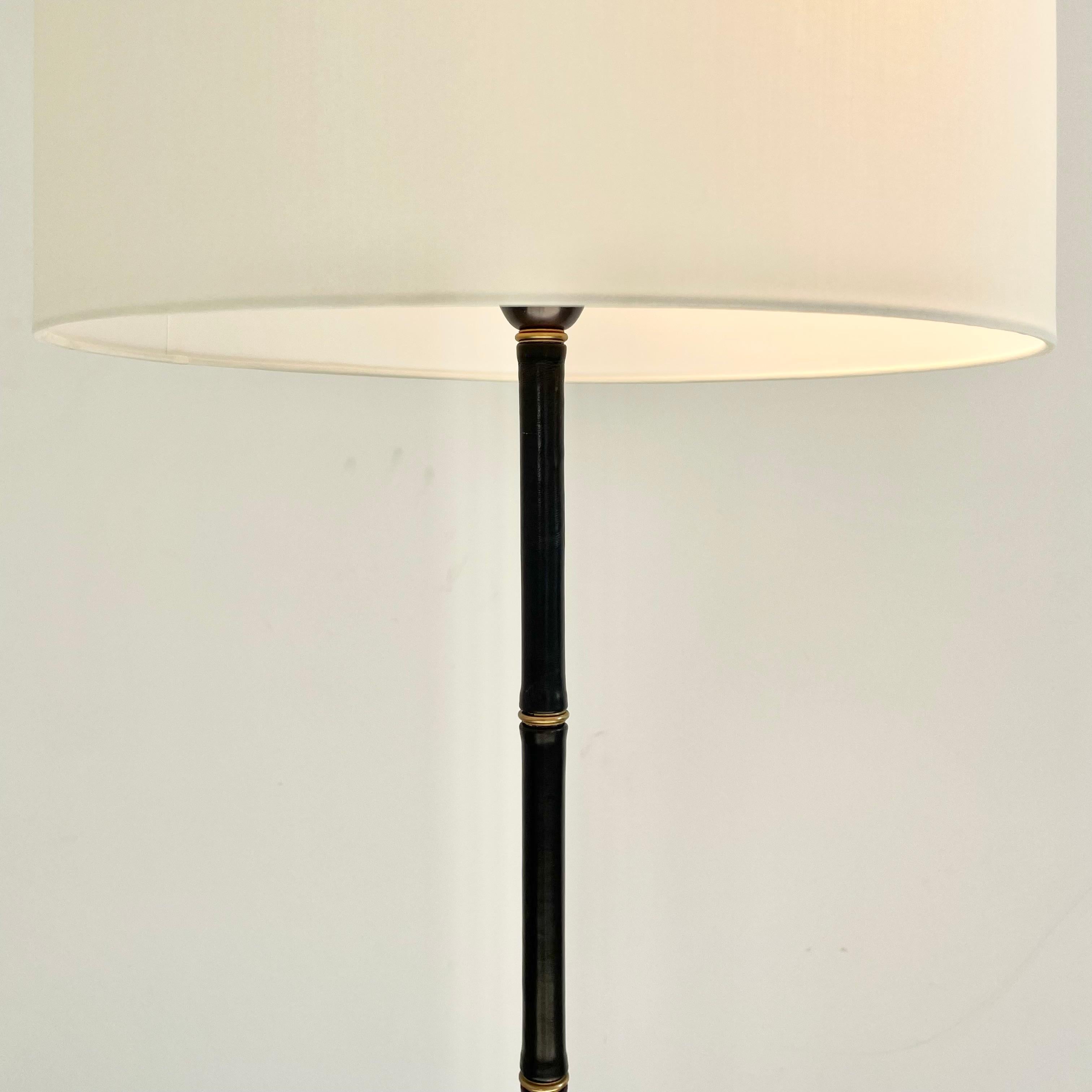 French Jacques Adnet Black Leather and Brass Floor Lamp, 1950s France For Sale