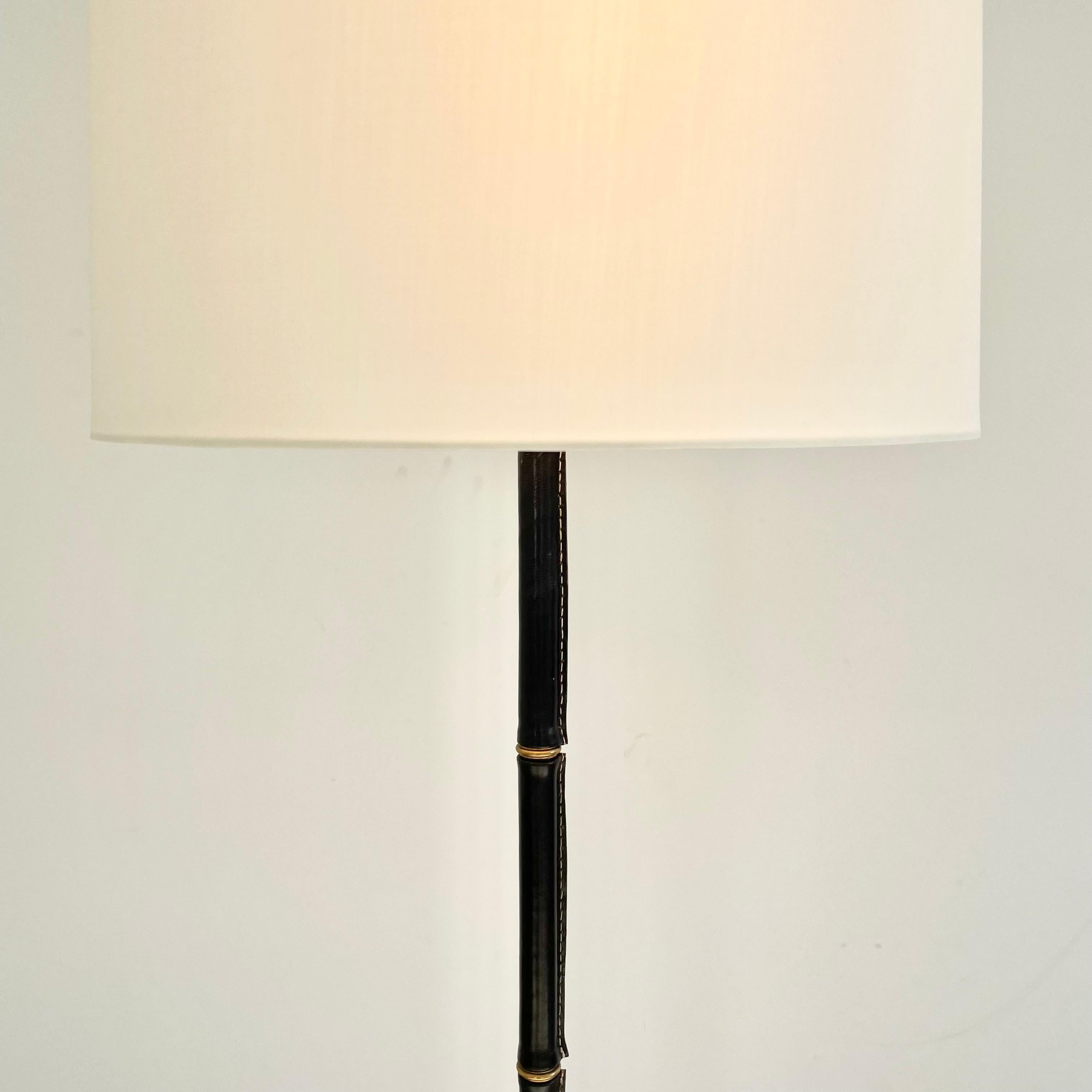 Jacques Adnet Black Leather and Brass Floor Lamp, 1950s France For Sale 2