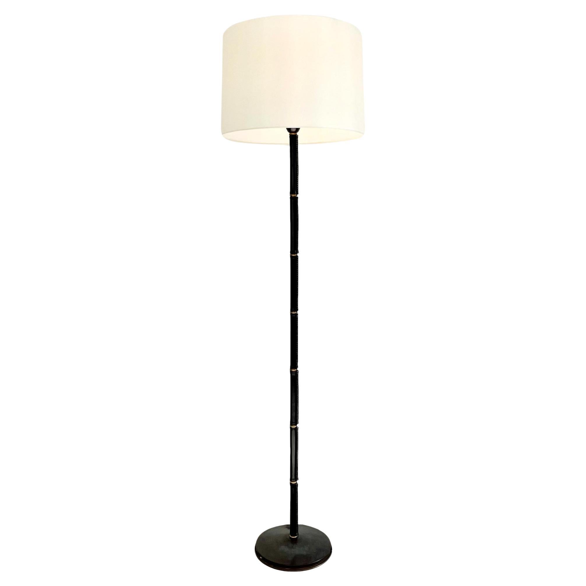 Jacques Adnet Black Leather and Brass Floor Lamp, 1950s France For Sale