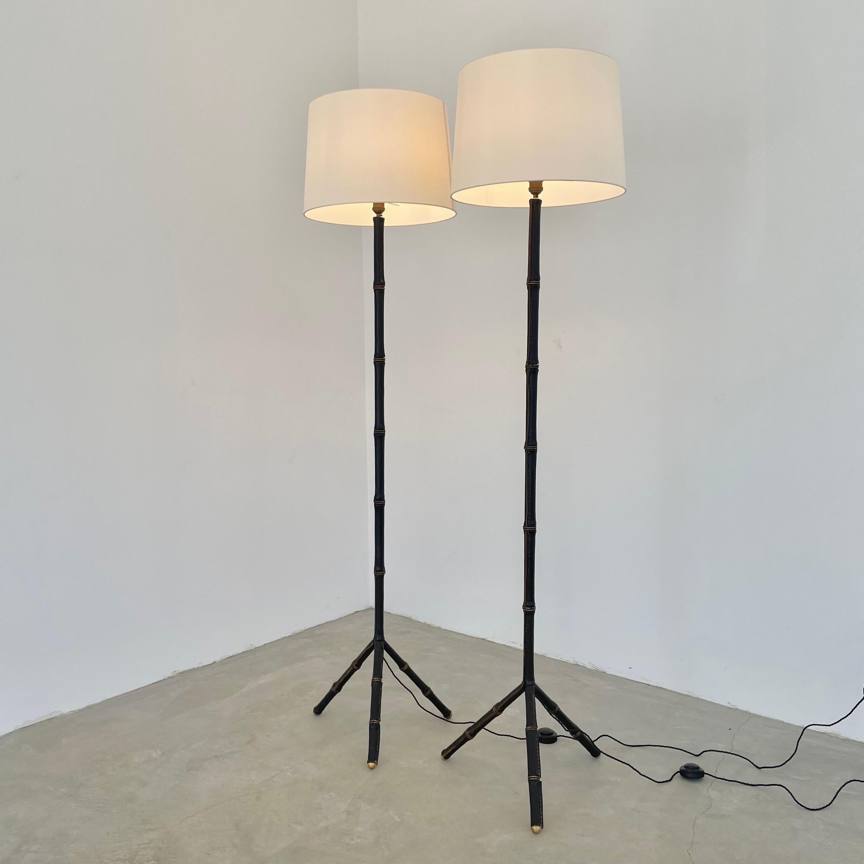 Jacques Adnet Black Leather and Brass Tripod Floor Lamp, 1950s France 13