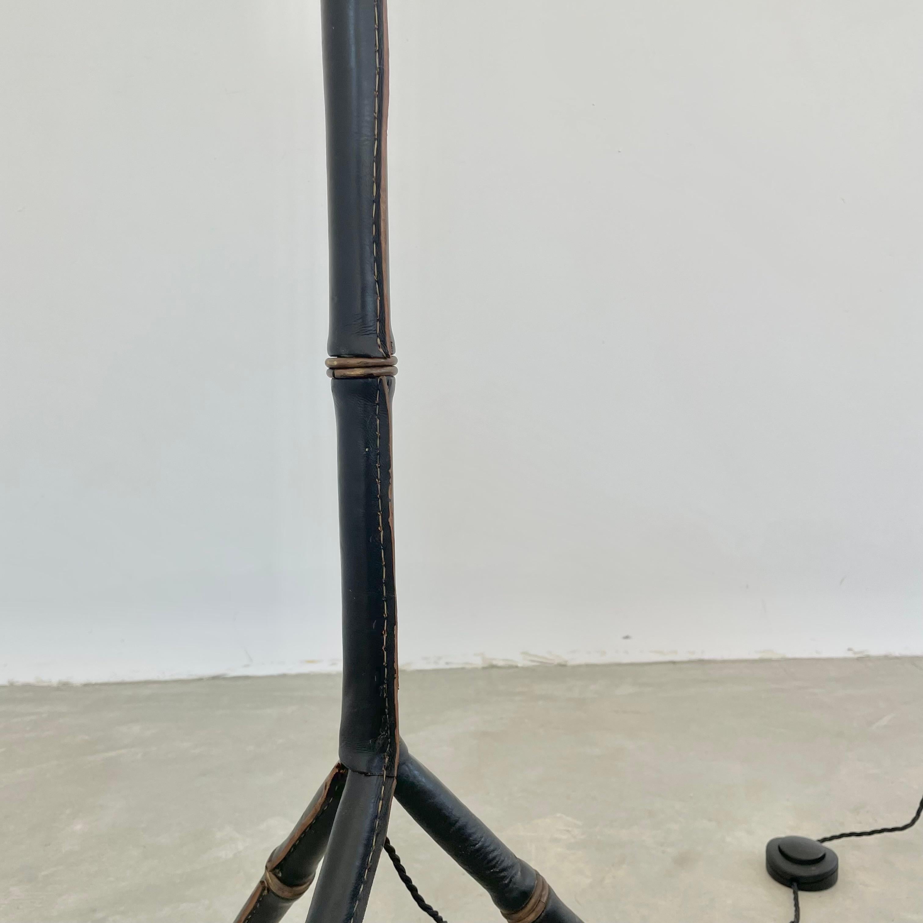 Jacques Adnet Black Leather and Brass Tripod Floor Lamp, 1950s France 3