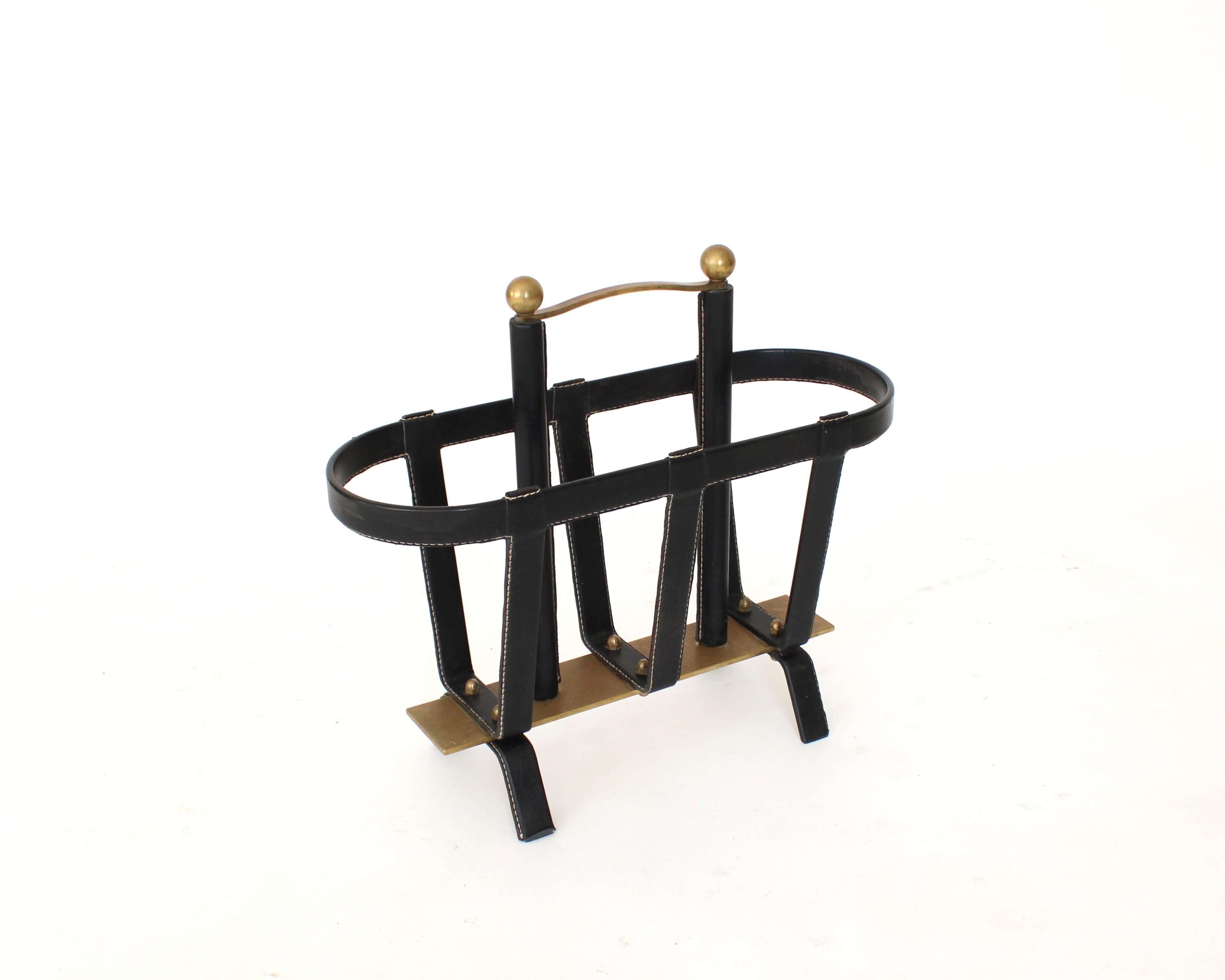 Mid-Century Modern Jacques Adnet Black Leather and Bronze French Magazine Holder