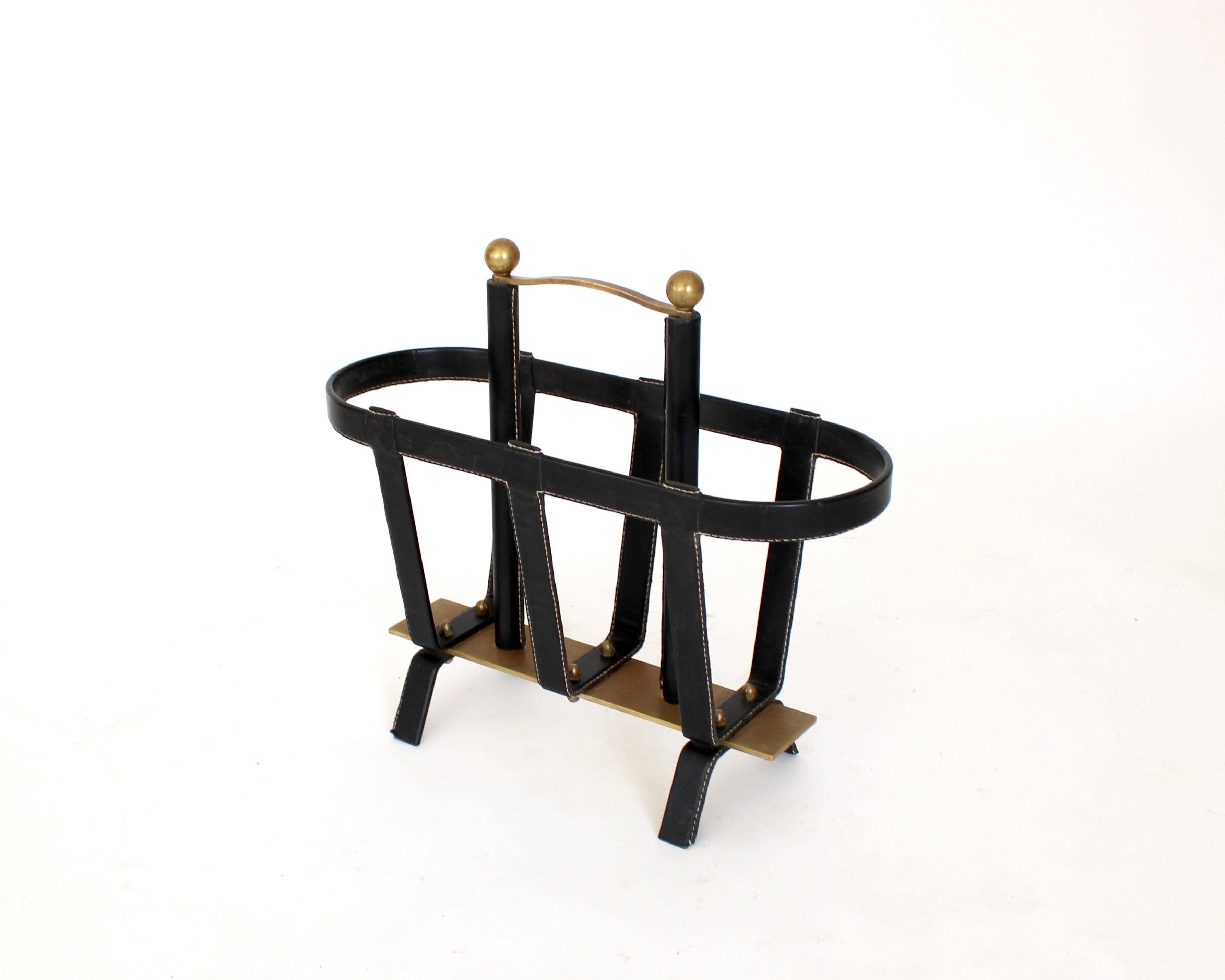 Jacques Adnet Black Leather and Bronze French Magazine Holder In Good Condition In Chicago, IL