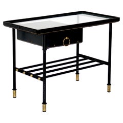 Jacques Adnet Mesa auxiliar o mesilla de noche de cuero negro y cristal Francia c1950