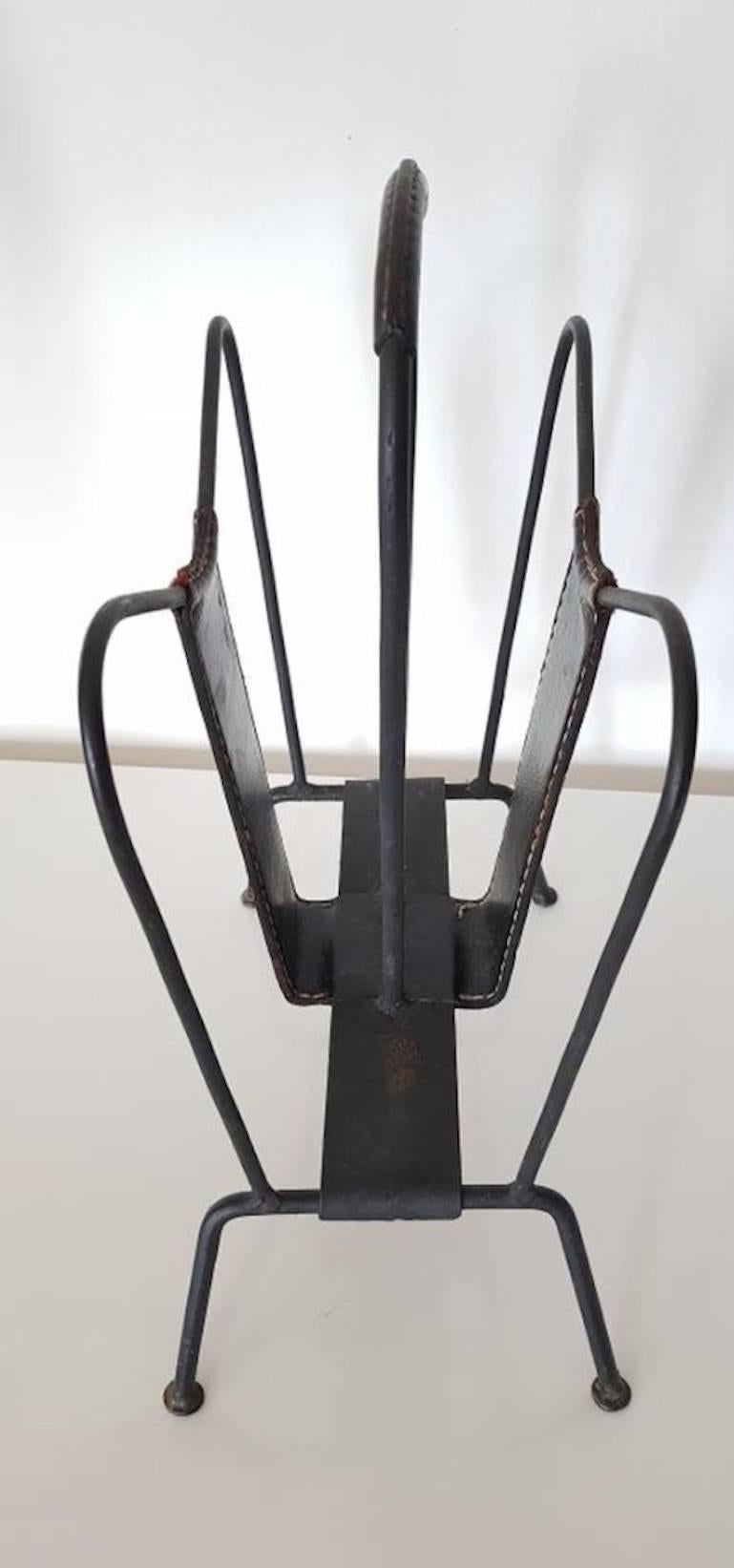 French Jacques Adnet Black Leather and Iron Magazine Rack