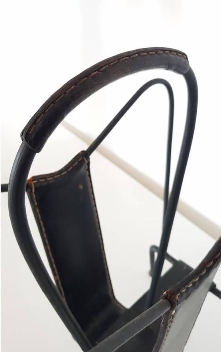 Jacques Adnet Black Leather and Iron Magazine Rack In Excellent Condition In Los Angeles, CA