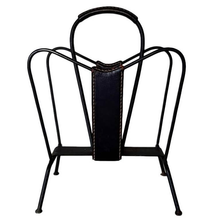 Jacques Adnet Black Leather and Iron Magazine Rack