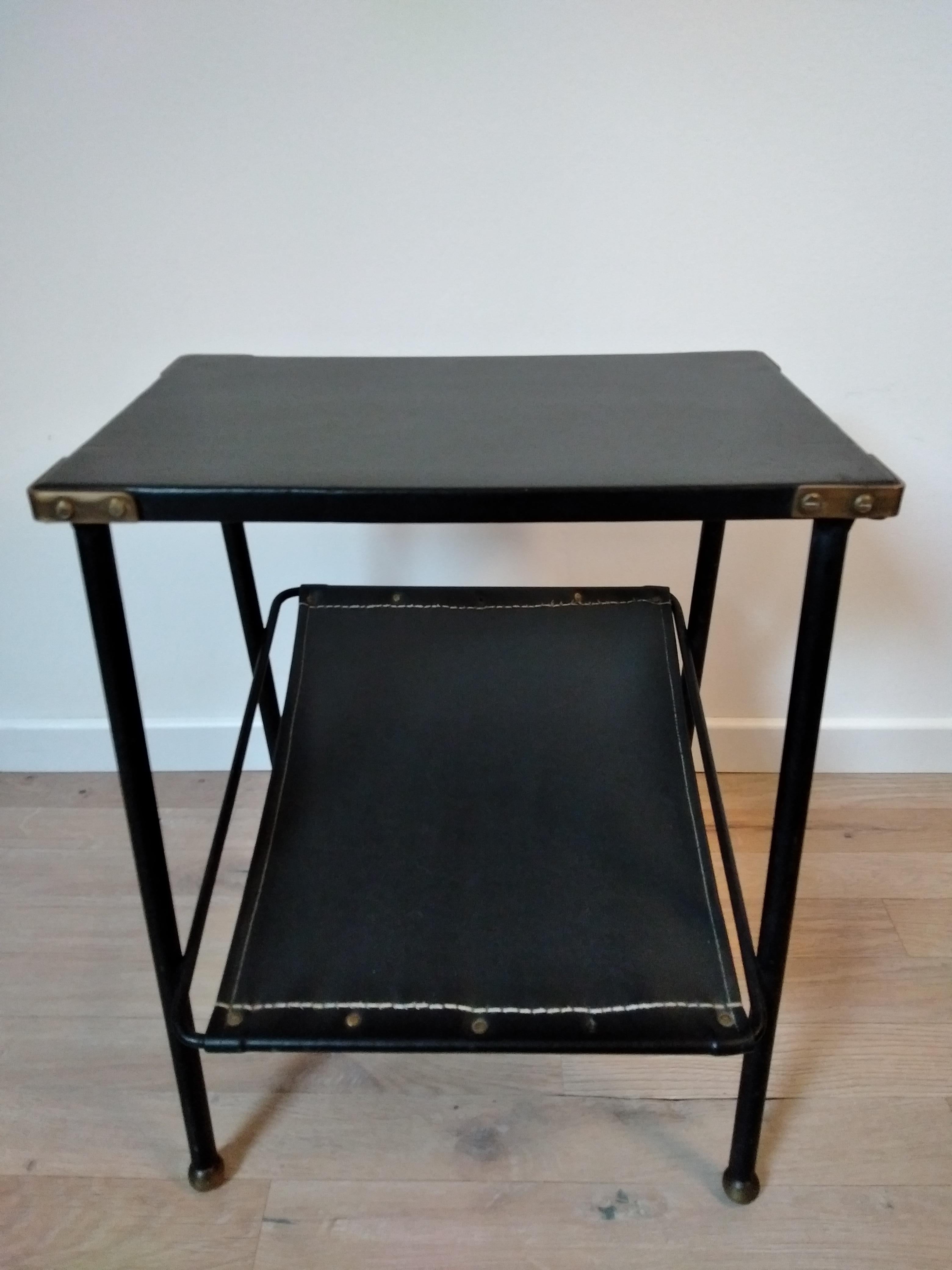 Mid-Century Modern Jacques Adnet Black Leather and Metal Side Table, Magazine Rack, French, 1950s For Sale