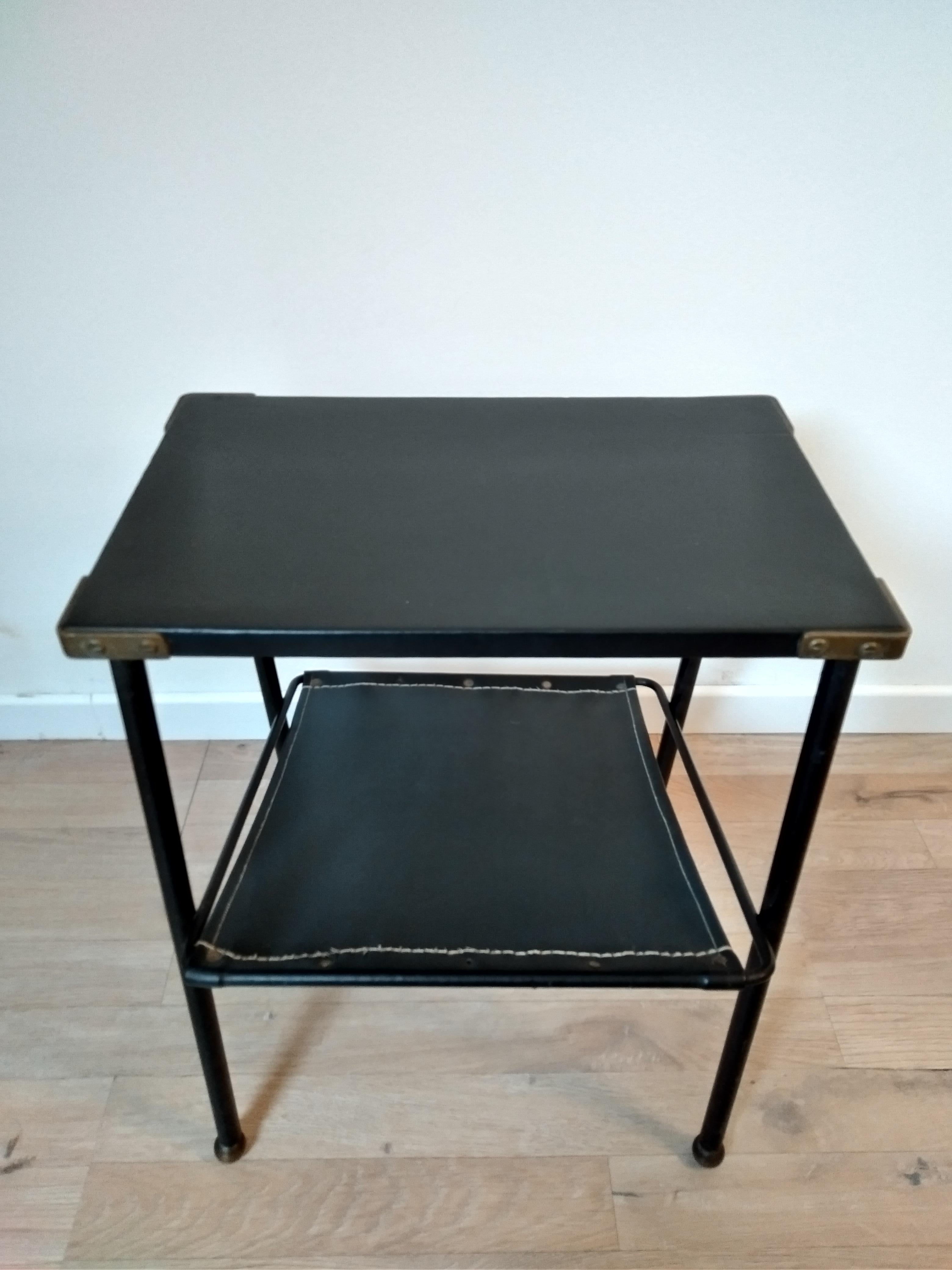 Mid-20th Century Jacques Adnet Black Leather and Metal Side Table, Magazine Rack, French, 1950s For Sale