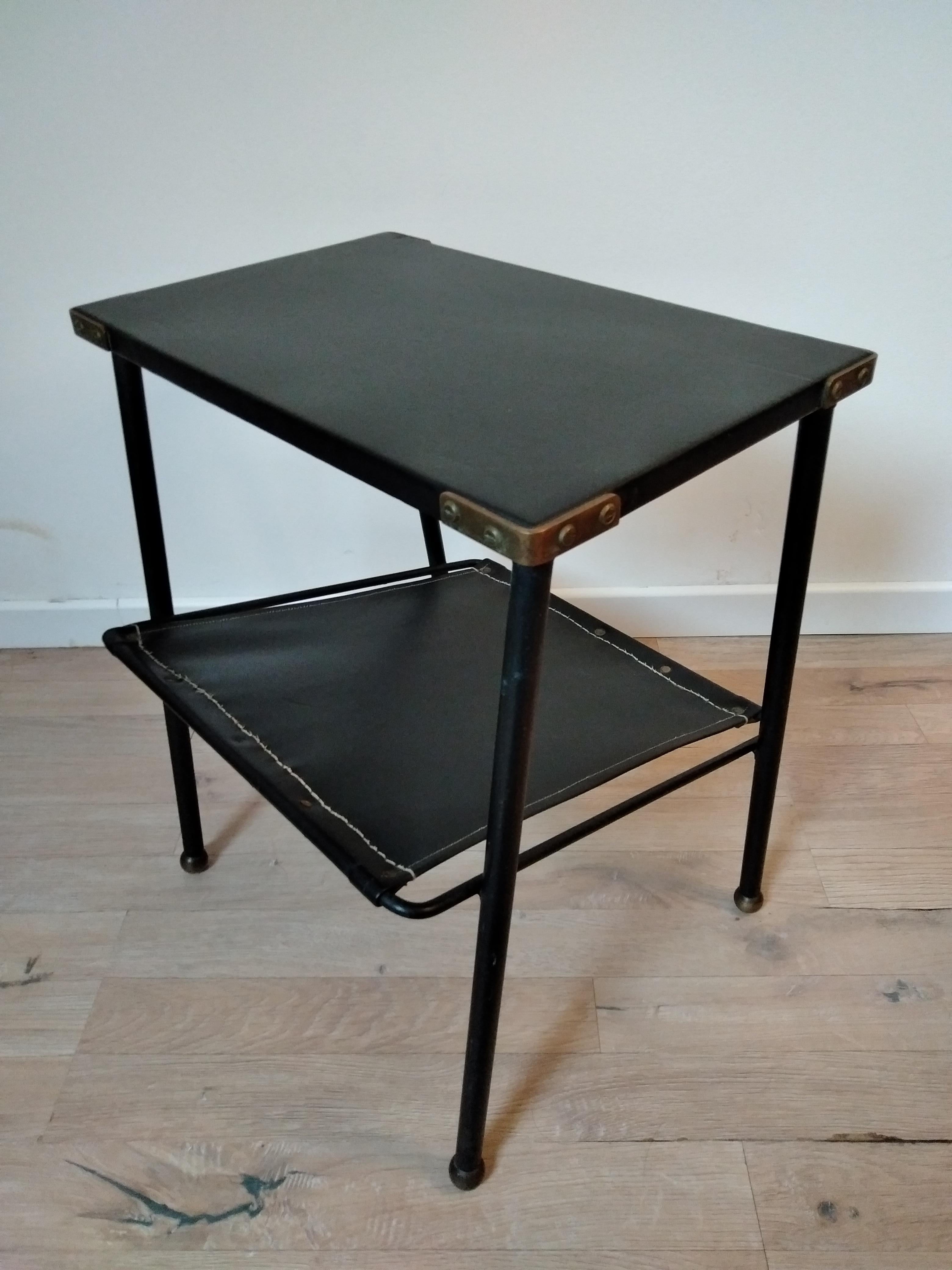 Jacques Adnet Black Leather and Metal Side Table, Magazine Rack, French, 1950s For Sale 1