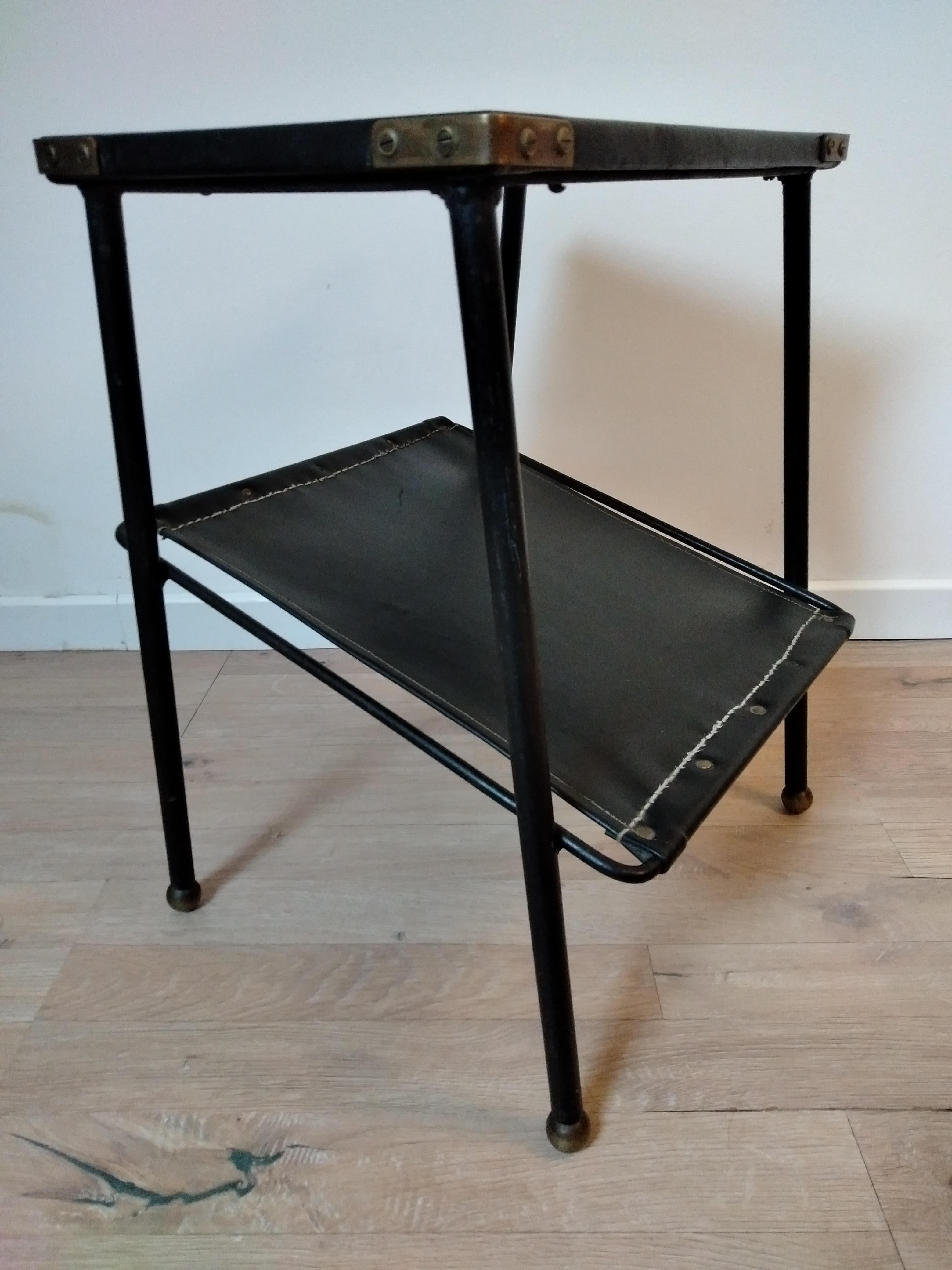 Jacques Adnet Black Leather and Metal Side Table, Magazine Rack, French, 1950s For Sale 2
