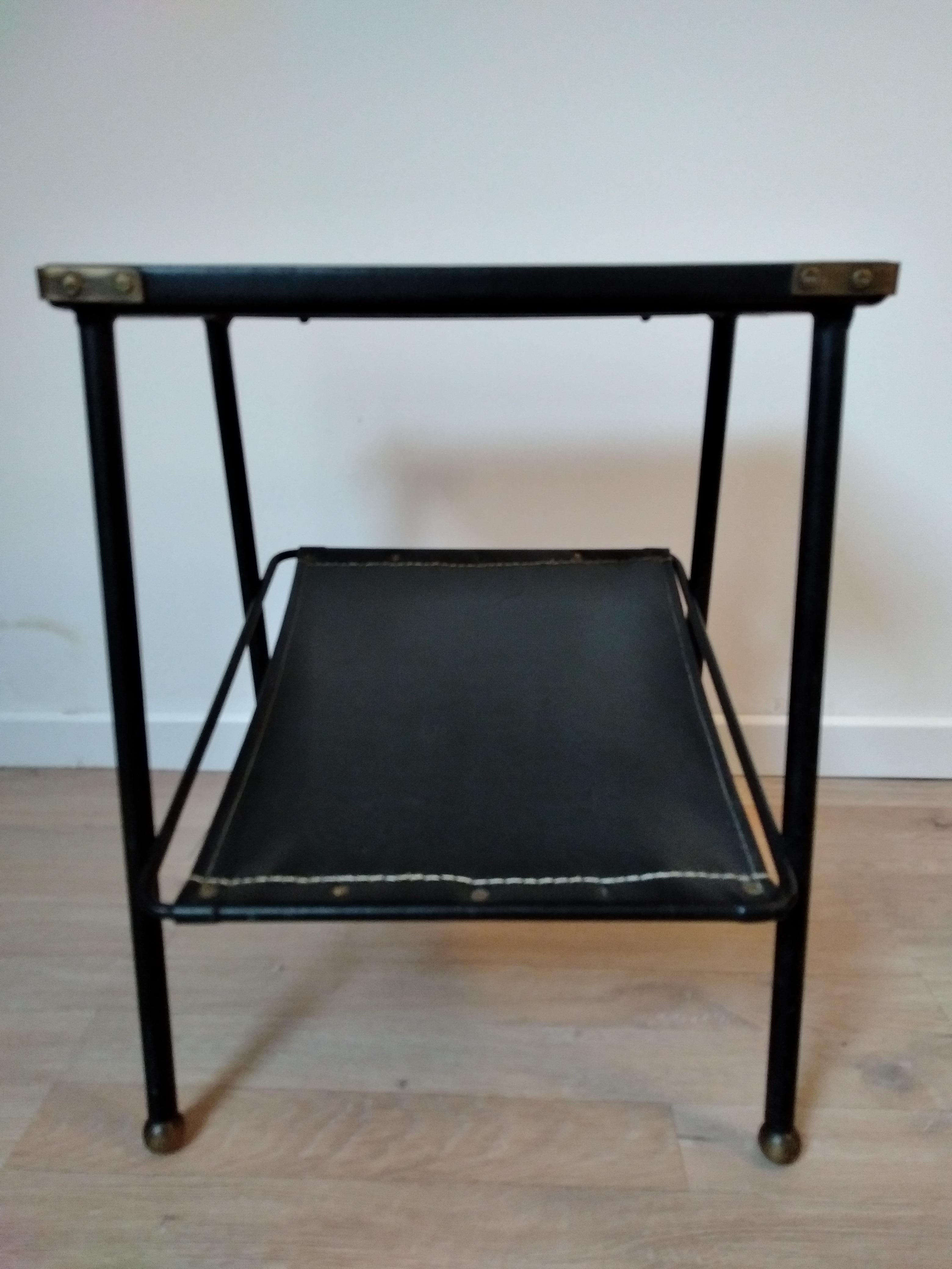 Jacques Adnet Black Leather and Metal Side Table, Magazine Rack, French, 1950s For Sale 3