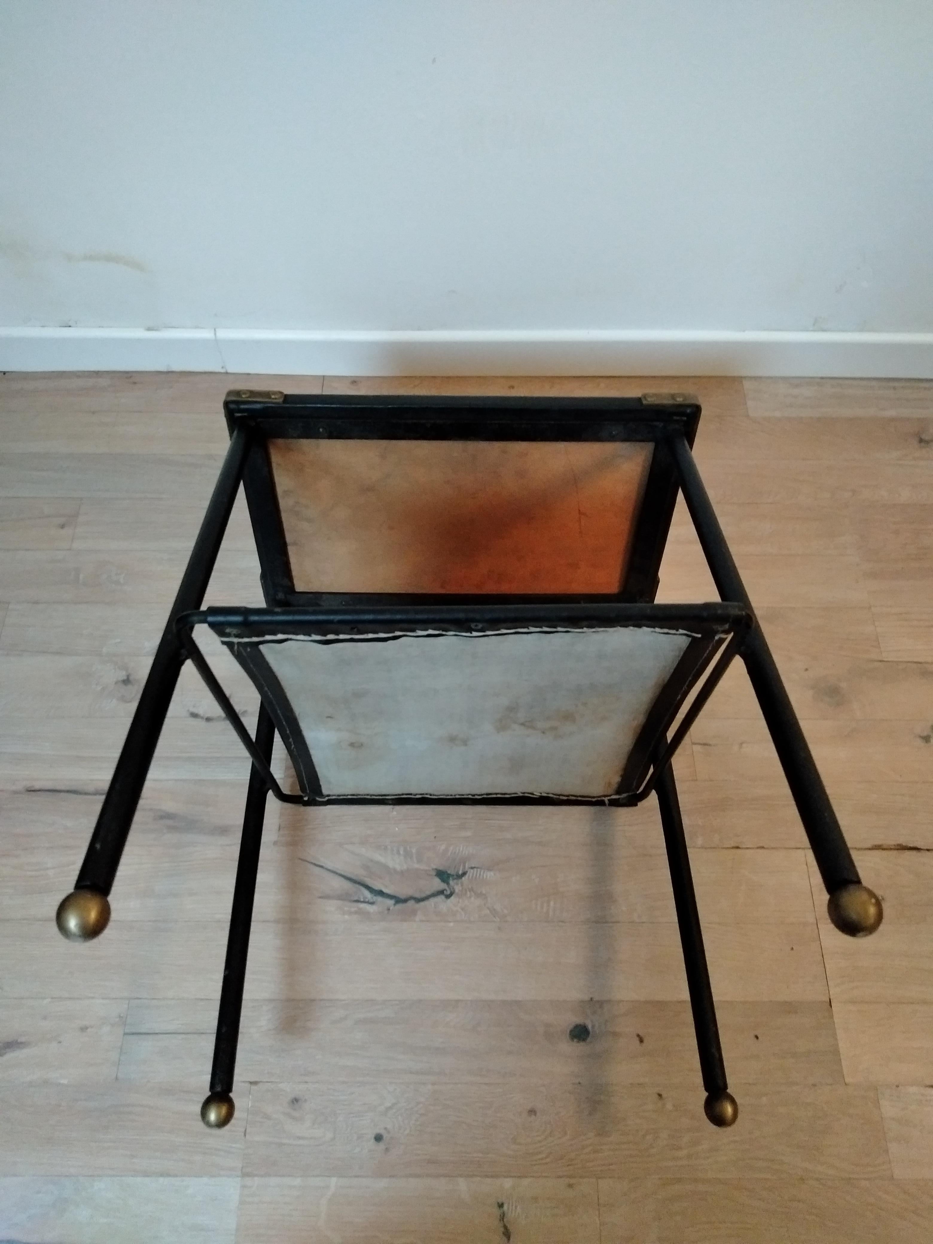 Jacques Adnet Black Leather and Metal Side Table, Magazine Rack, French, 1950s For Sale 4