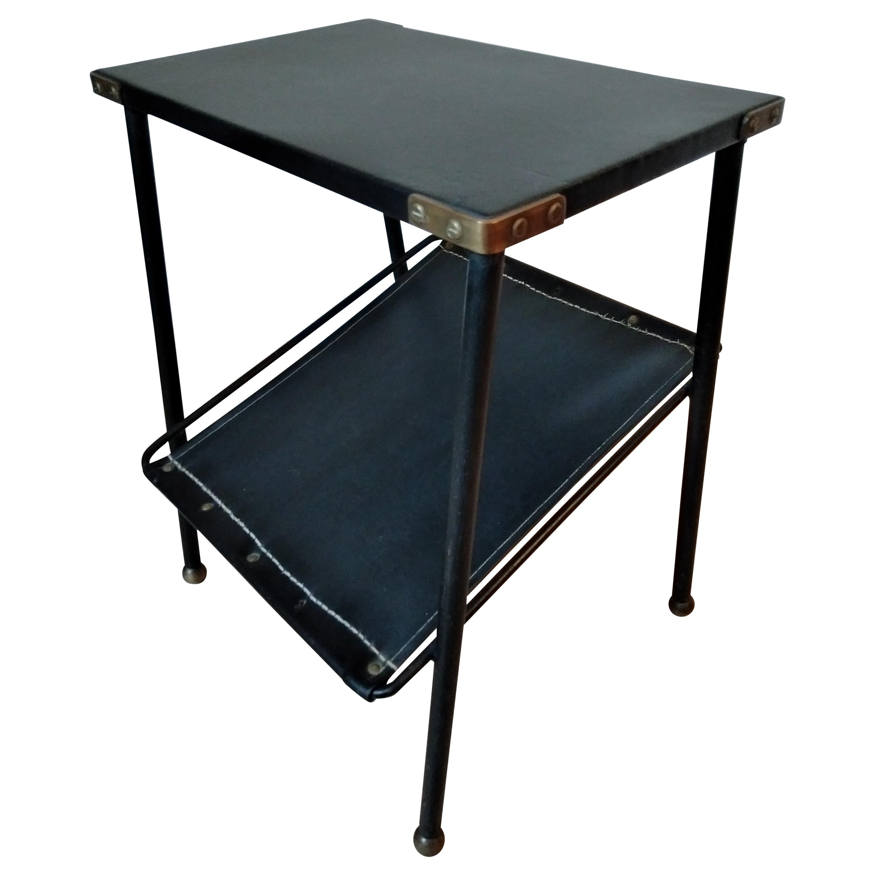 Jacques Adnet Black Leather and Metal Side Table, Magazine Rack, French, 1950s For Sale
