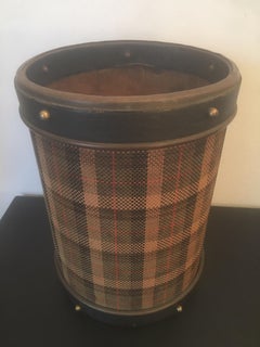 Jacques Adnet Black Leather and Tartan Fabric Waste Paper Basket, French, 1950s