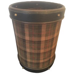 Jacques Adnet Black Leather and Tartan Fabric Waste Paper Basket, French, 1950s