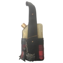 Vintage Jacques Adnet Black Leather and Tartan Fabric Whisky Flask Holder, French, 1950s