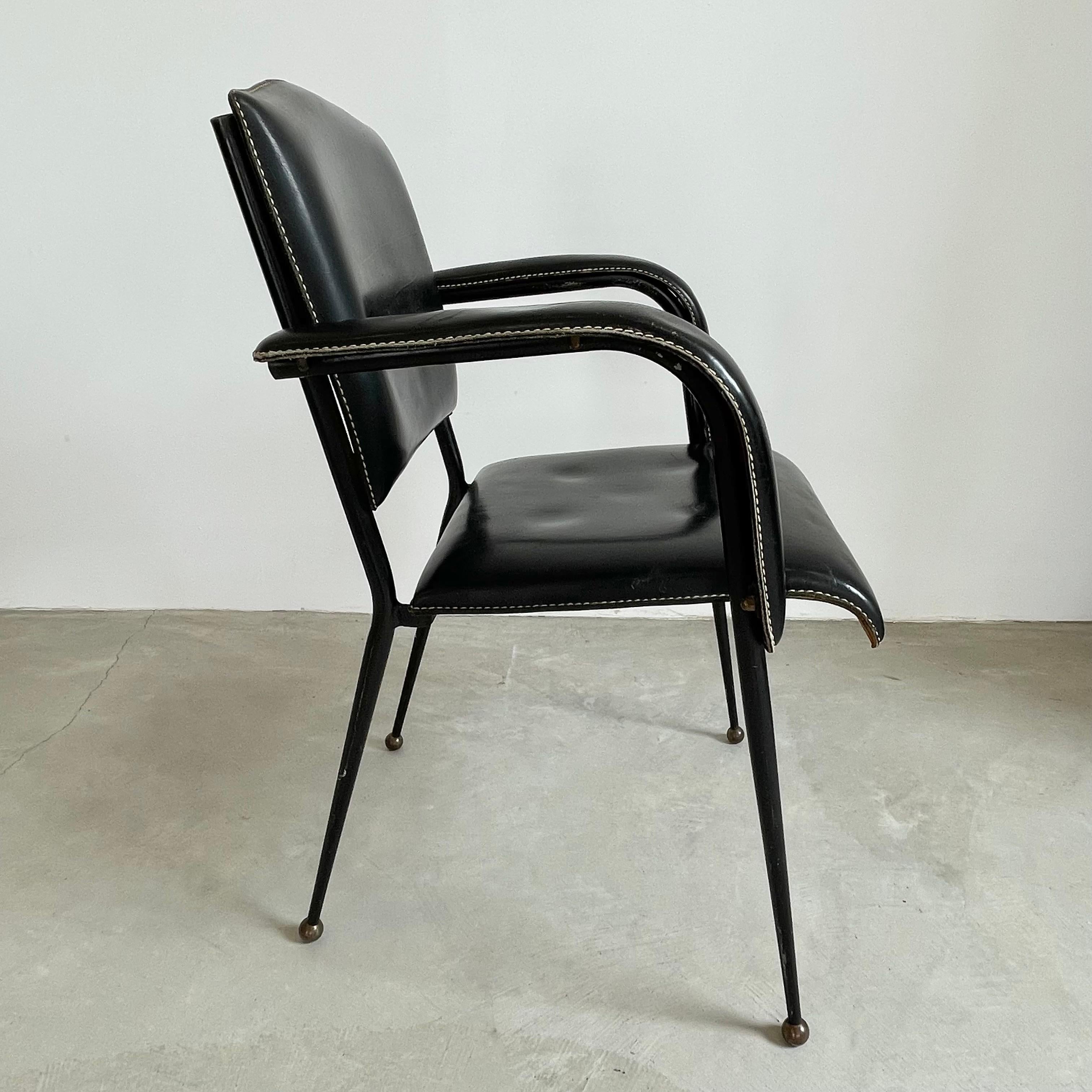 Art Deco Jacques Adnet Black Leather Armchair, 1950s
