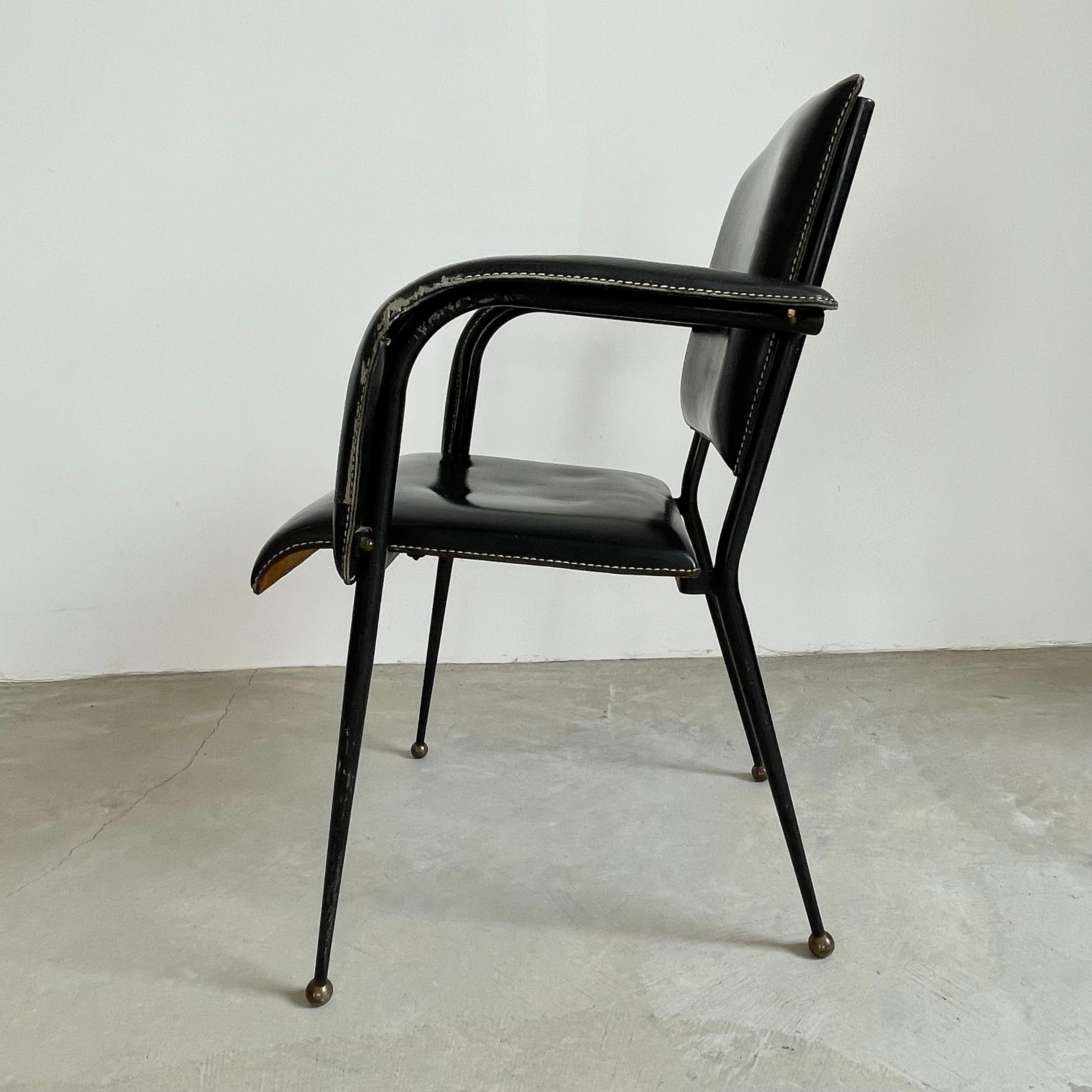 Brass Jacques Adnet Black Leather Armchair, 1950s