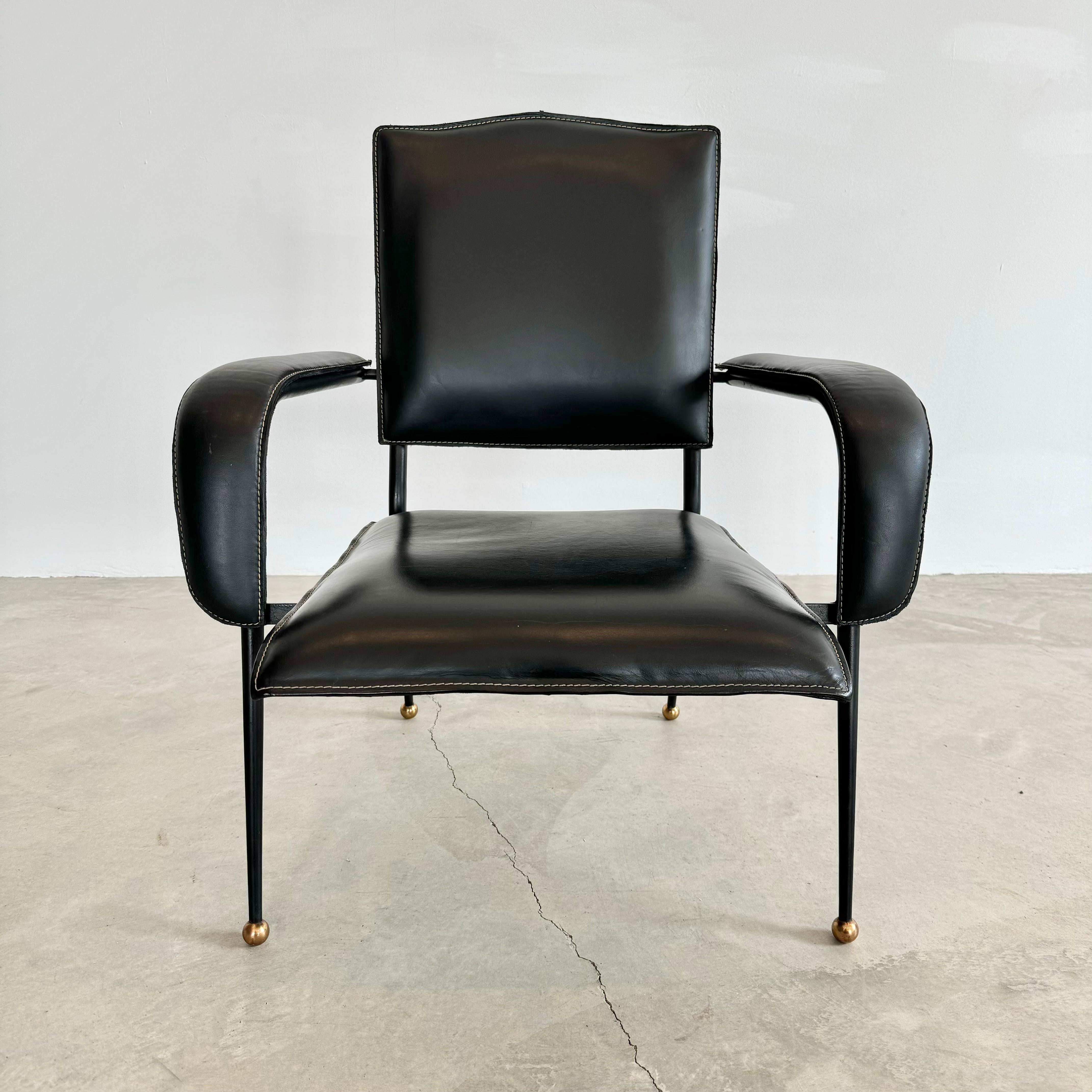 Art Deco Jacques Adnet Black Leather Armchair, 1950s France For Sale
