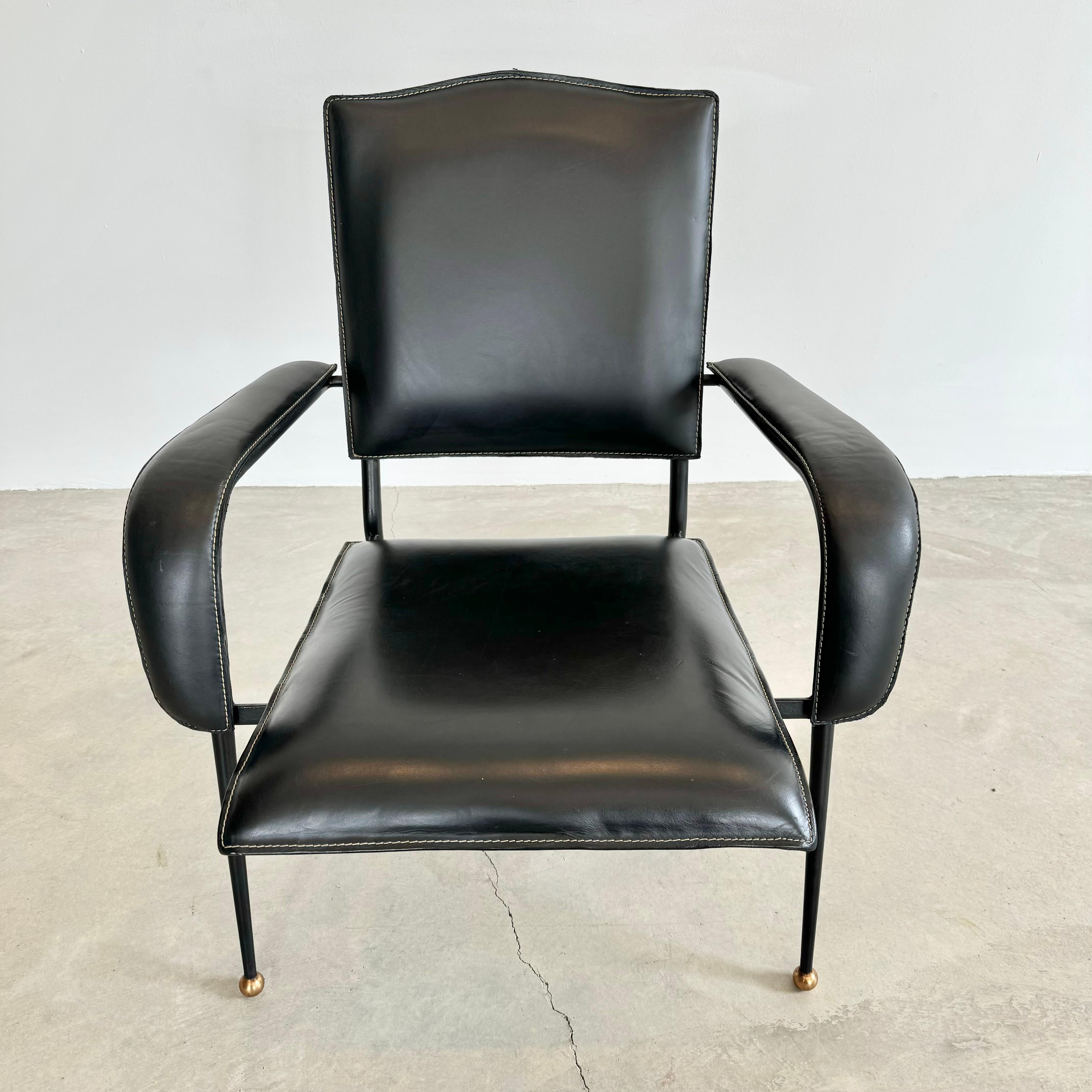 French Jacques Adnet Black Leather Armchair, 1950s France For Sale