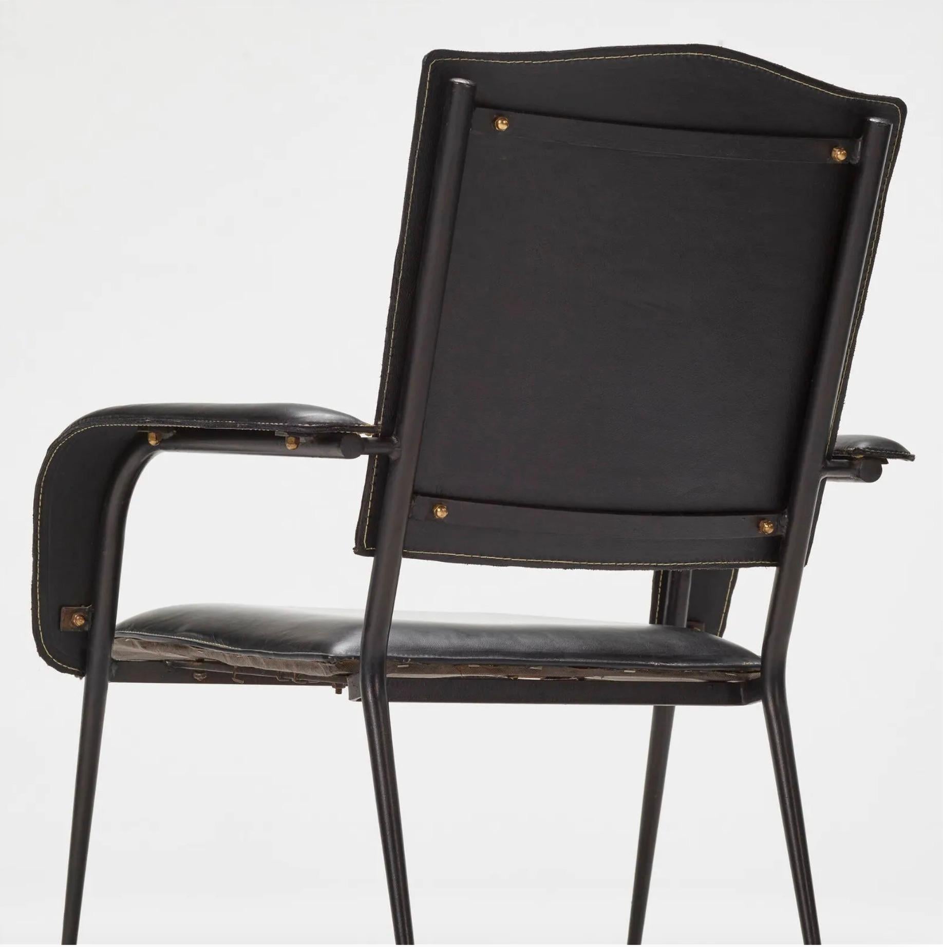 Jacques Adnet Black Leather Armchair, 1950s France In Good Condition For Sale In Los Angeles, CA