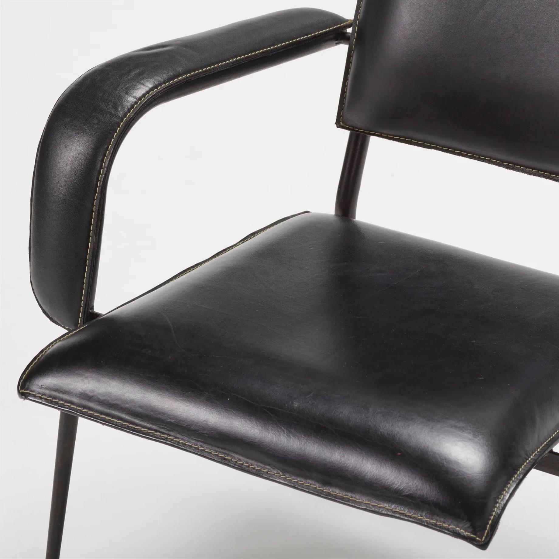 Mid-20th Century Jacques Adnet Black Leather Armchair, 1950s France For Sale