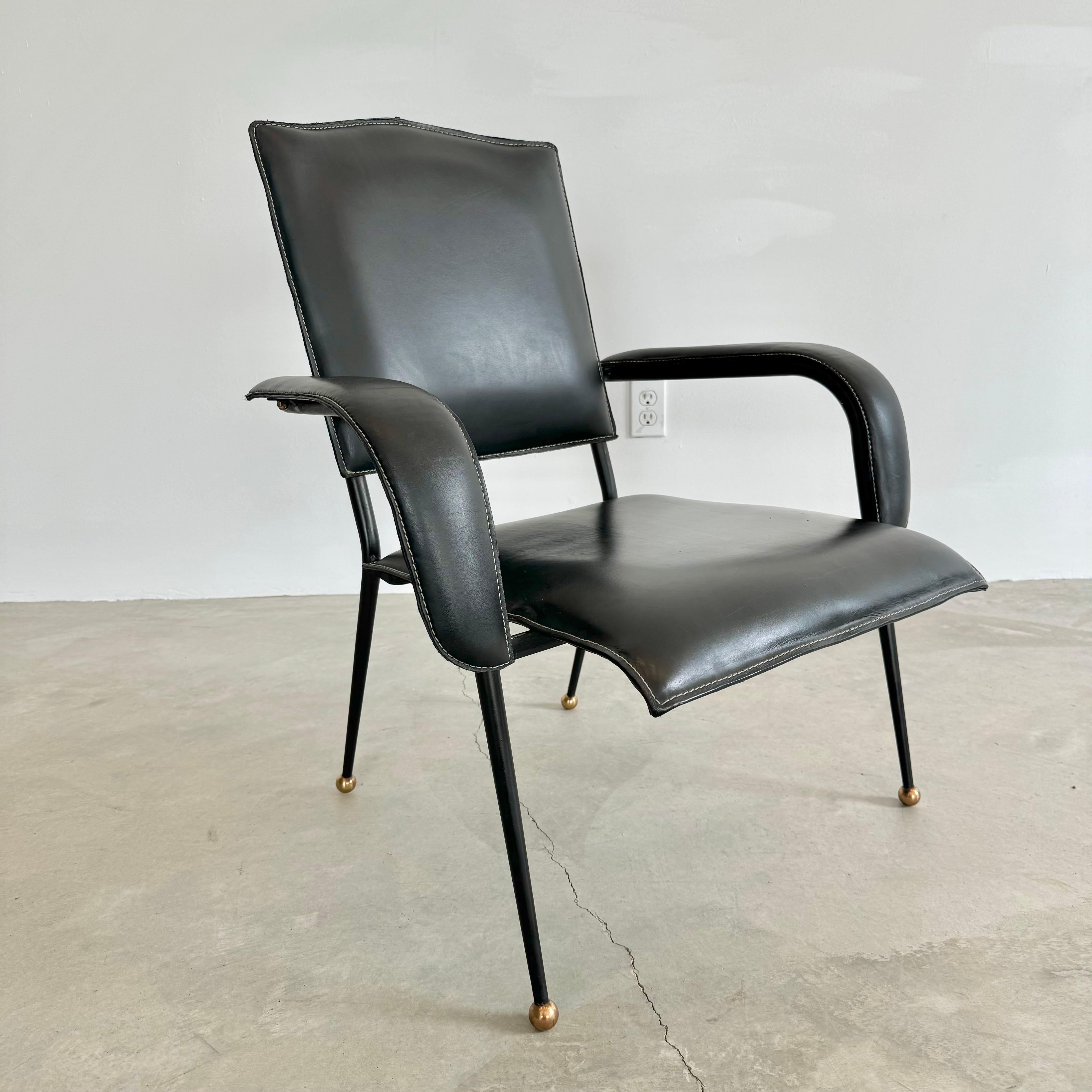 Mid-20th Century Jacques Adnet Black Leather Armchair, 1950s France For Sale