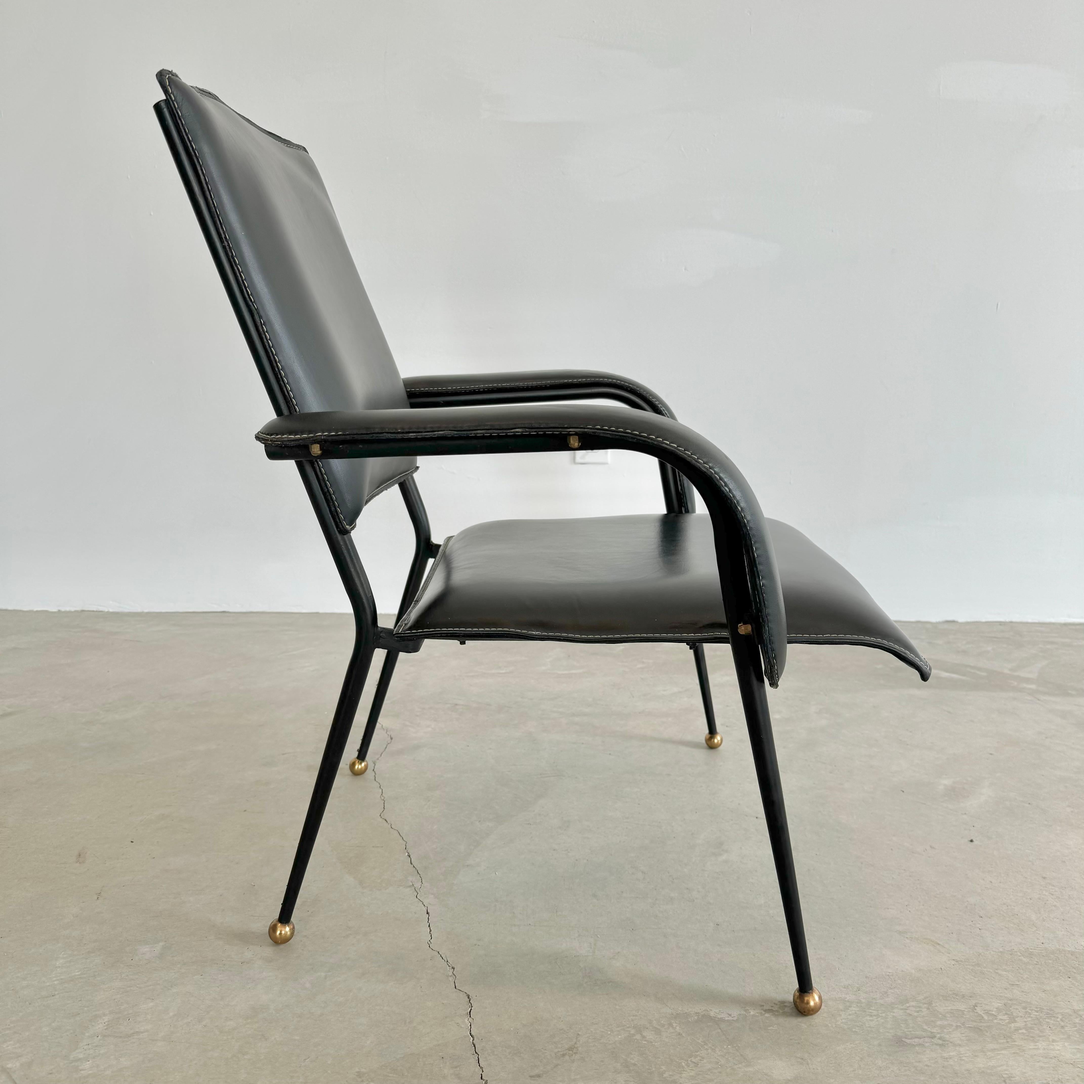 Brass Jacques Adnet Black Leather Armchair, 1950s France For Sale