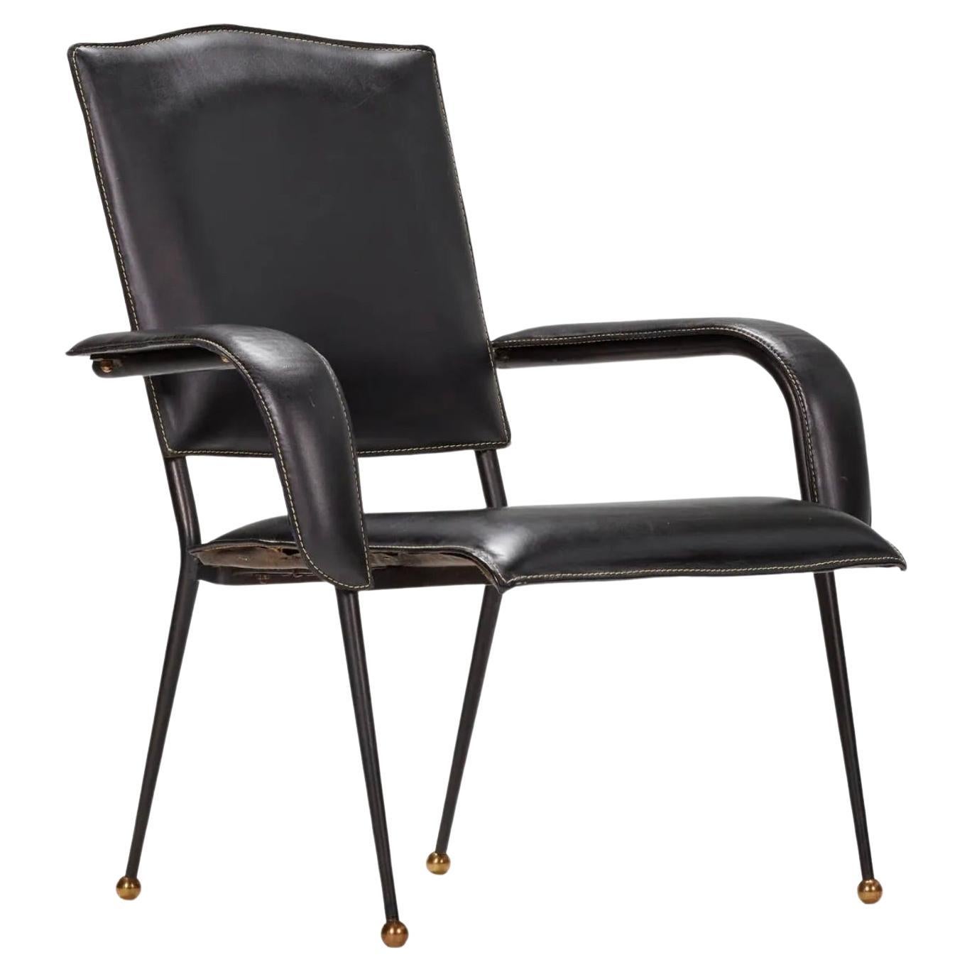 Jacques Adnet Black Leather Armchair, 1950s France For Sale