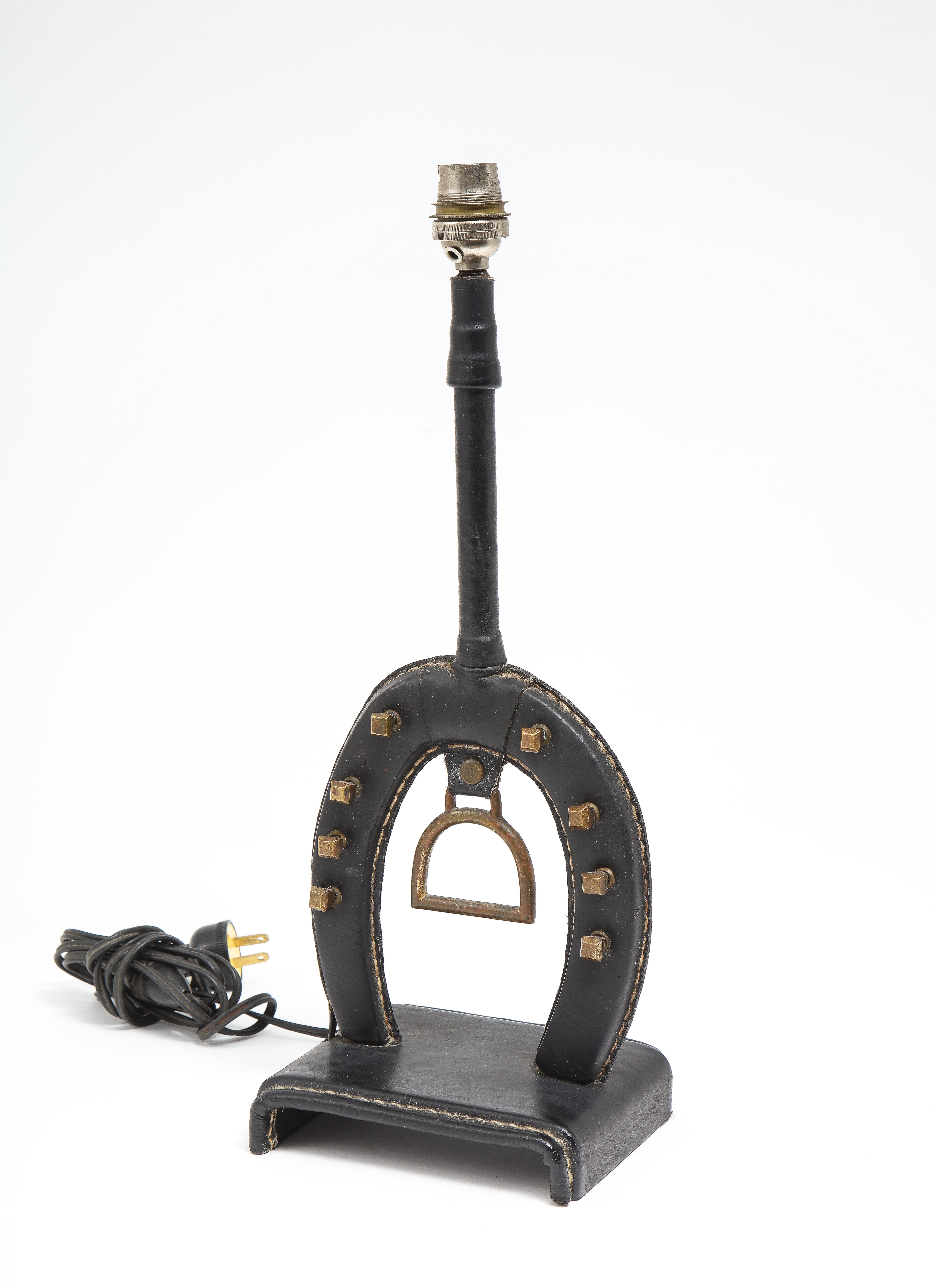 Jacques Adnet Black Leather & Brass Equestrian Lamp, France, 1950's 5