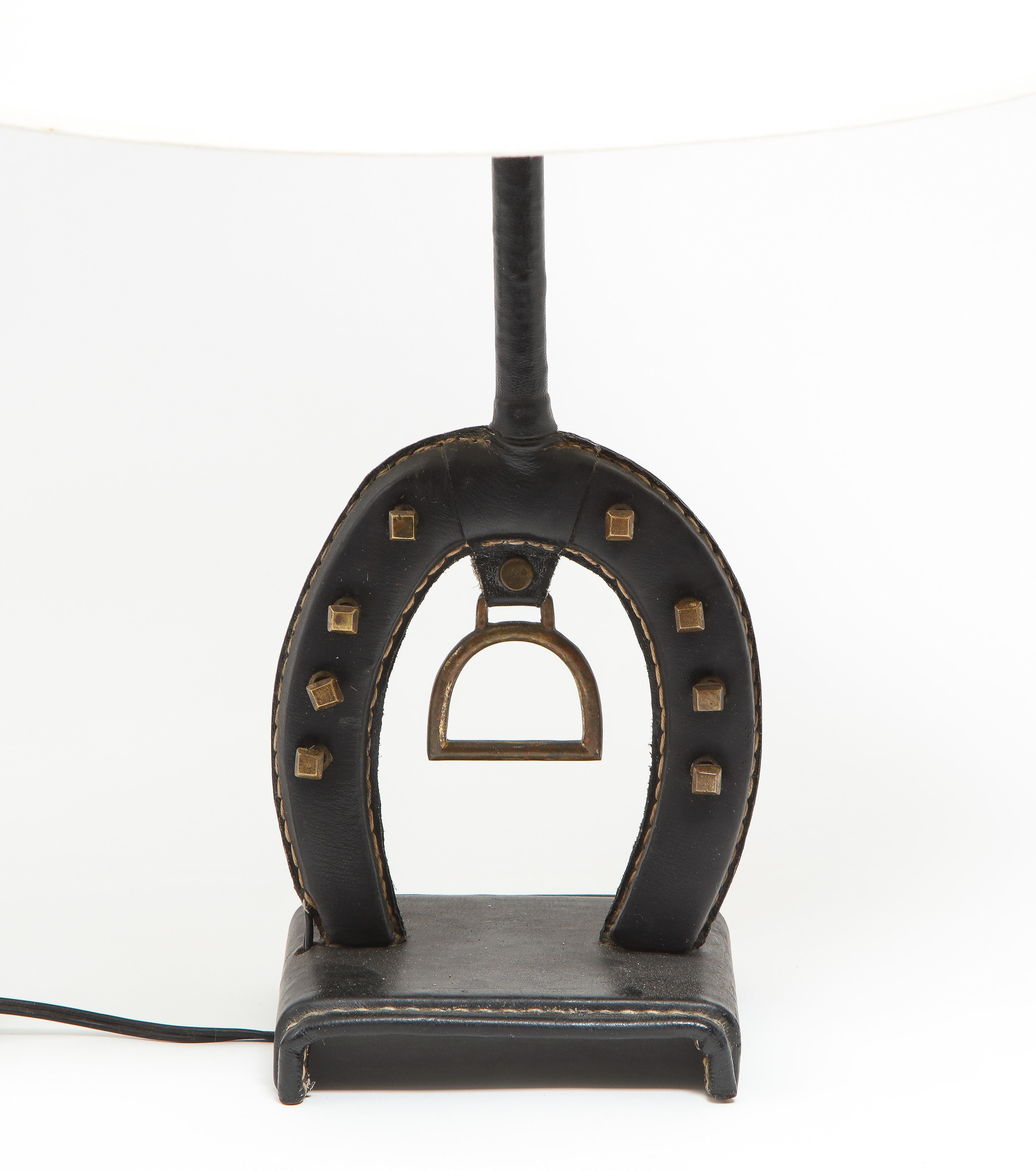 Mid-Century Modern Jacques Adnet Black Leather & Brass Equestrian Lamp, France, 1950's