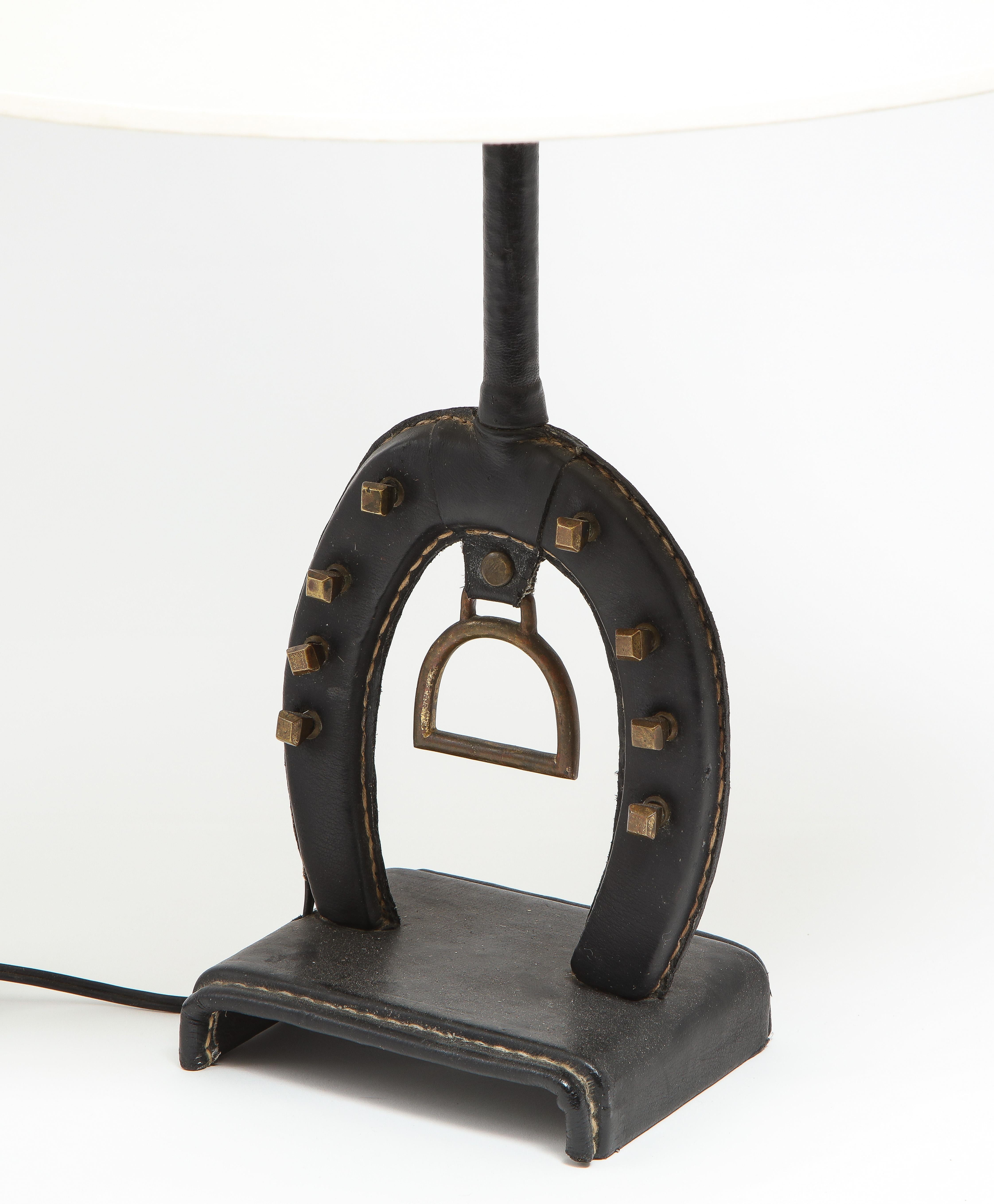 French Jacques Adnet Black Leather & Brass Equestrian Lamp, France, 1950's