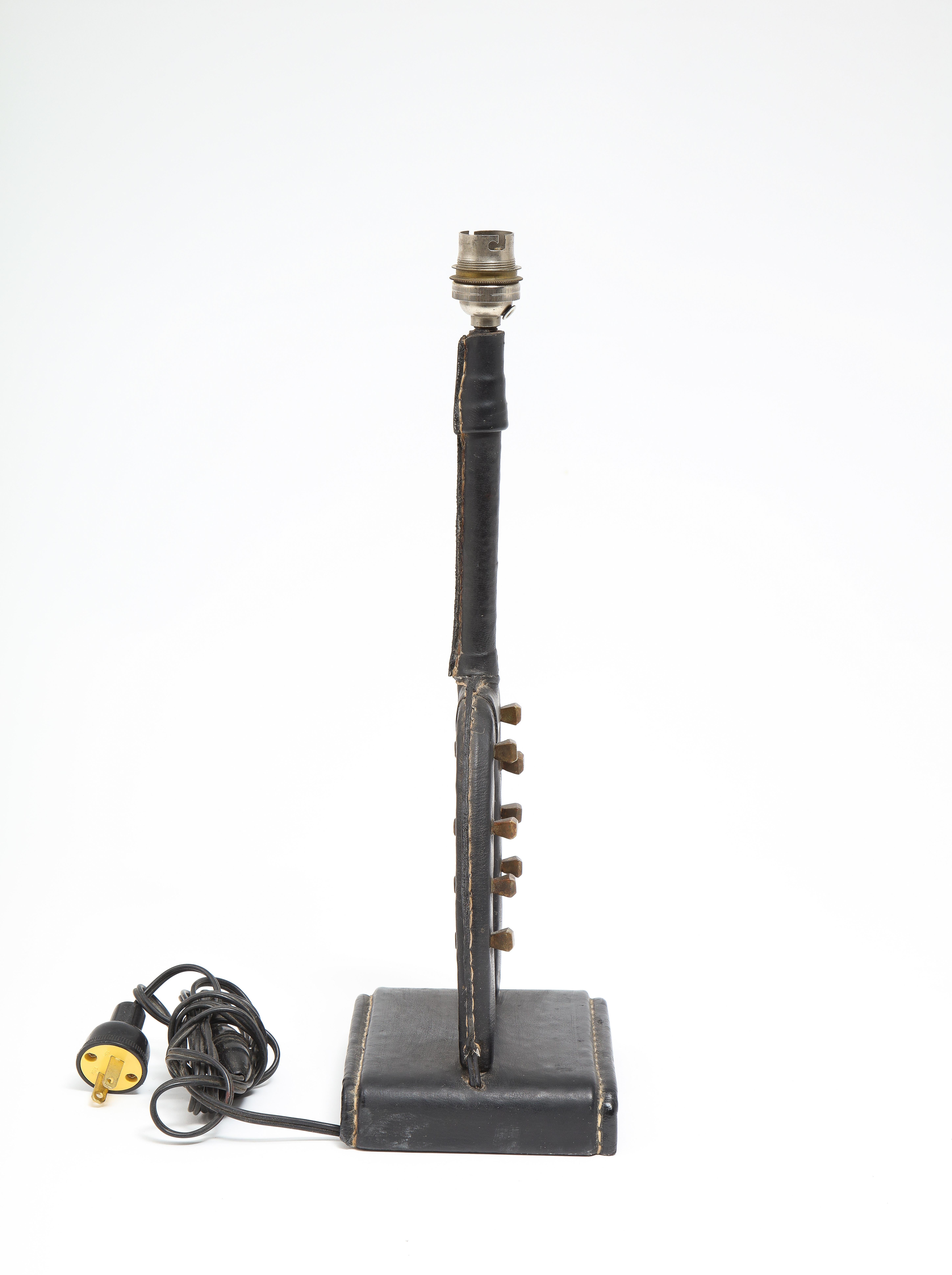 Jacques Adnet Black Leather & Brass Equestrian Lamp, France, 1950's 2