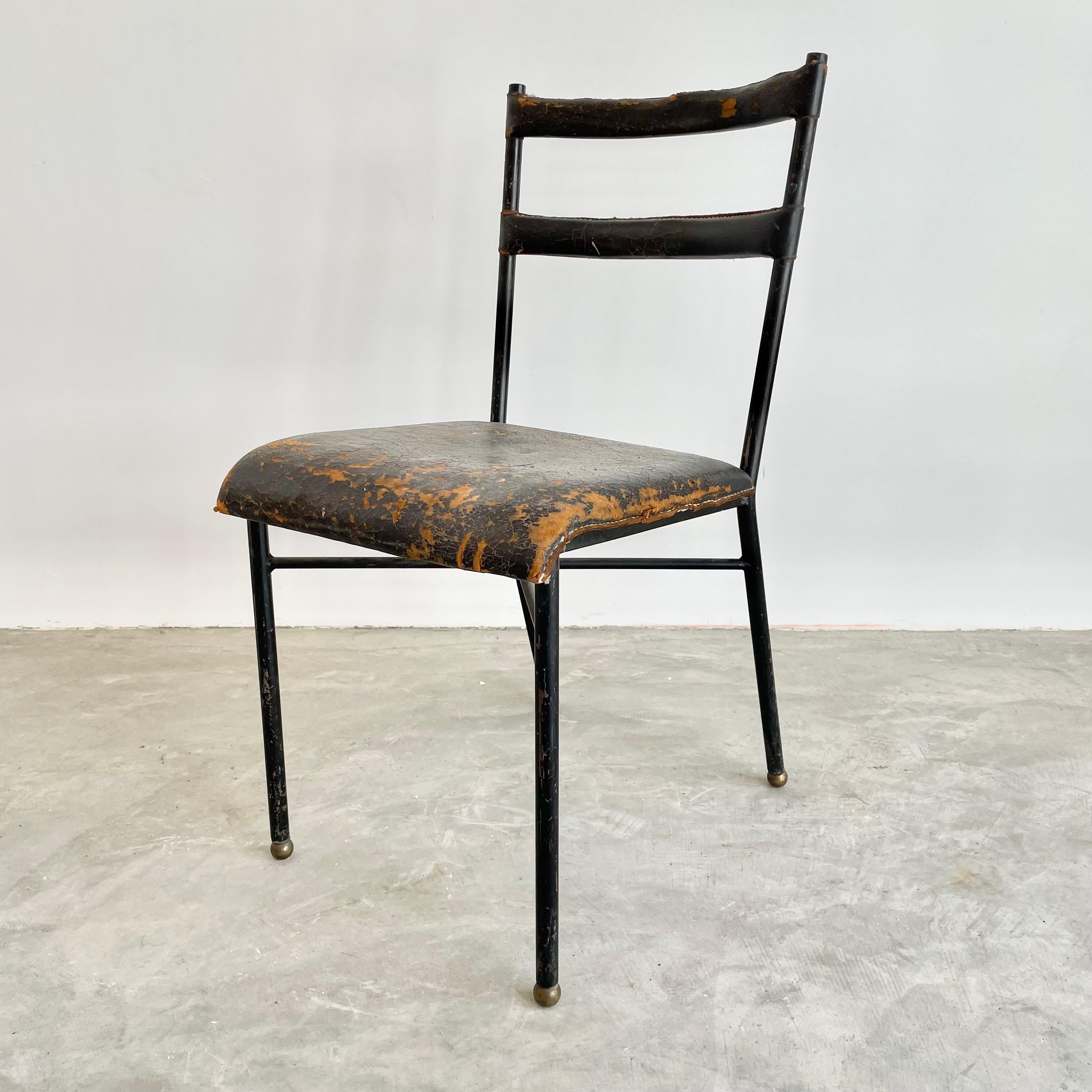 Metal Jacques Adnet Black Leather Chair, 1950s France