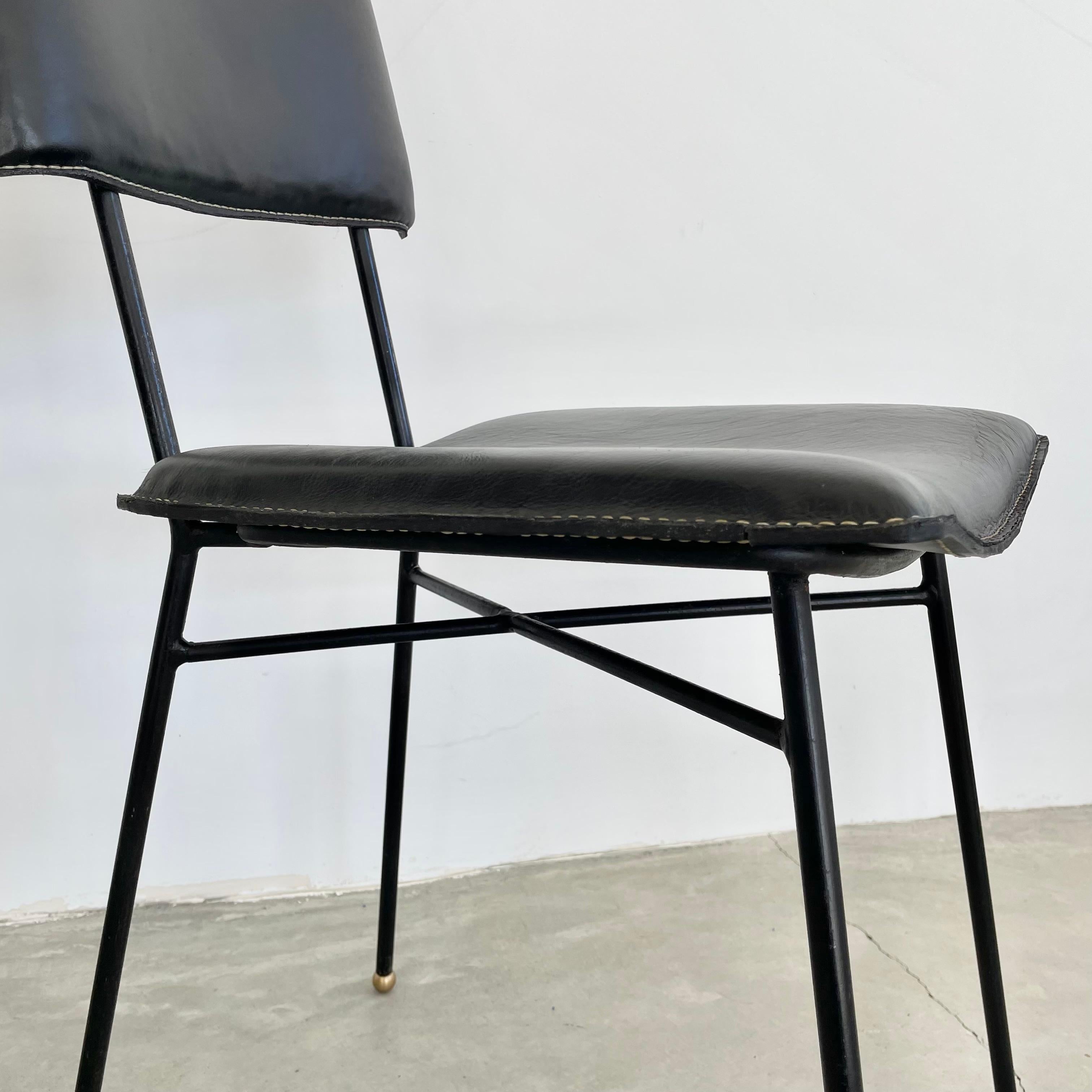 Metal Jacques Adnet Black Leather Chair, 1950s France For Sale